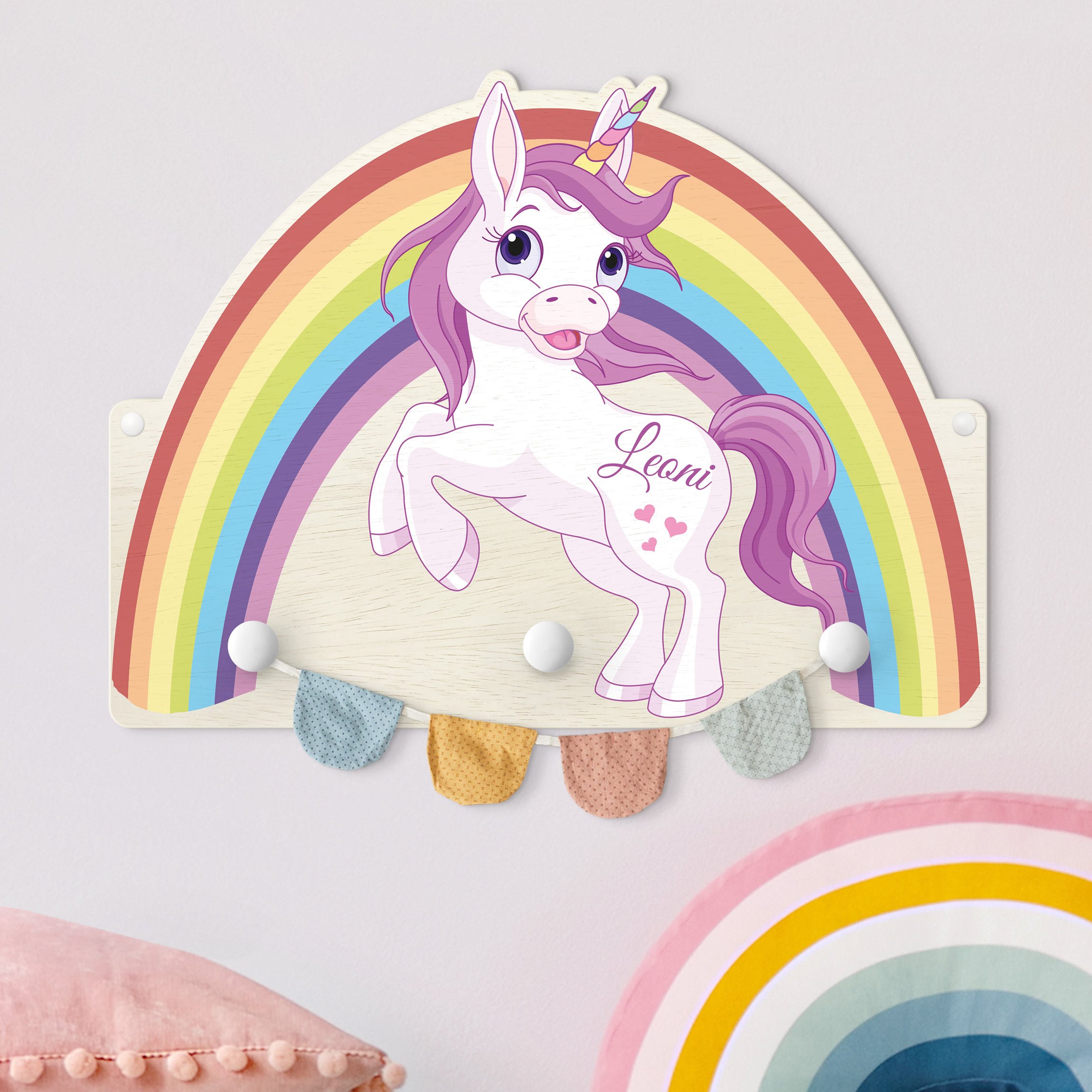 Kindergarderobe Holz mit Namen Einhorn Regenbogen mit Wunschname