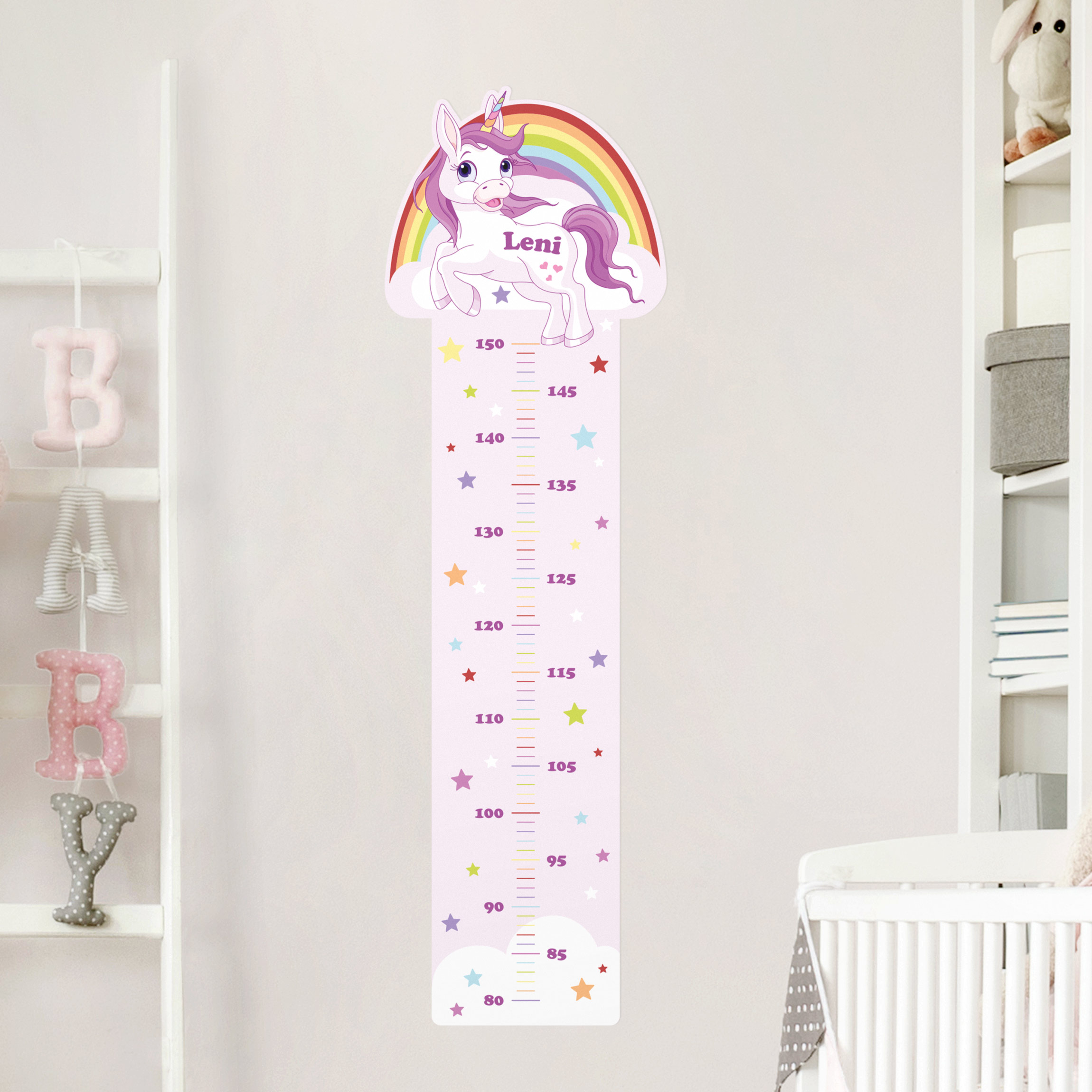 Kindermesslatte Wandtattoo Einhorn Regenbogen mit Wunschname