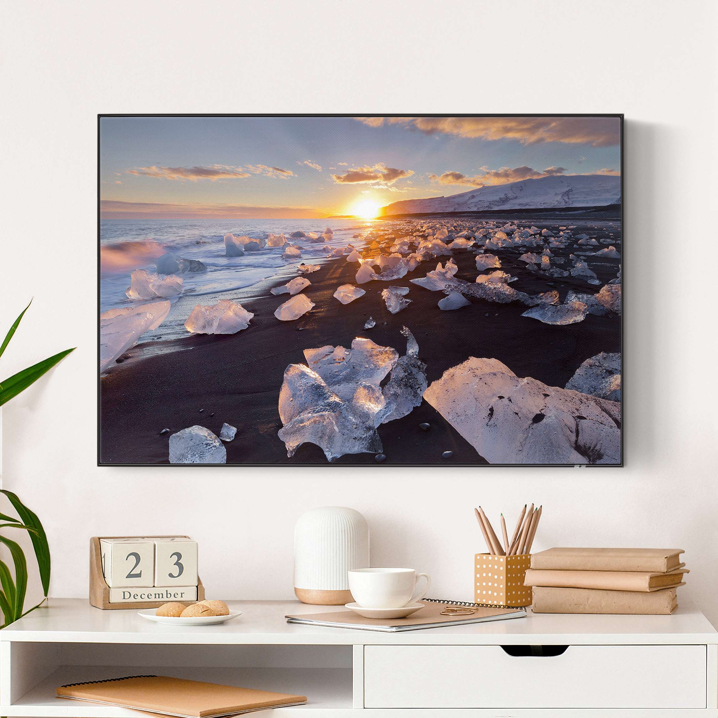 Akustik-Wechselbild Eisbrocken am Strand Island