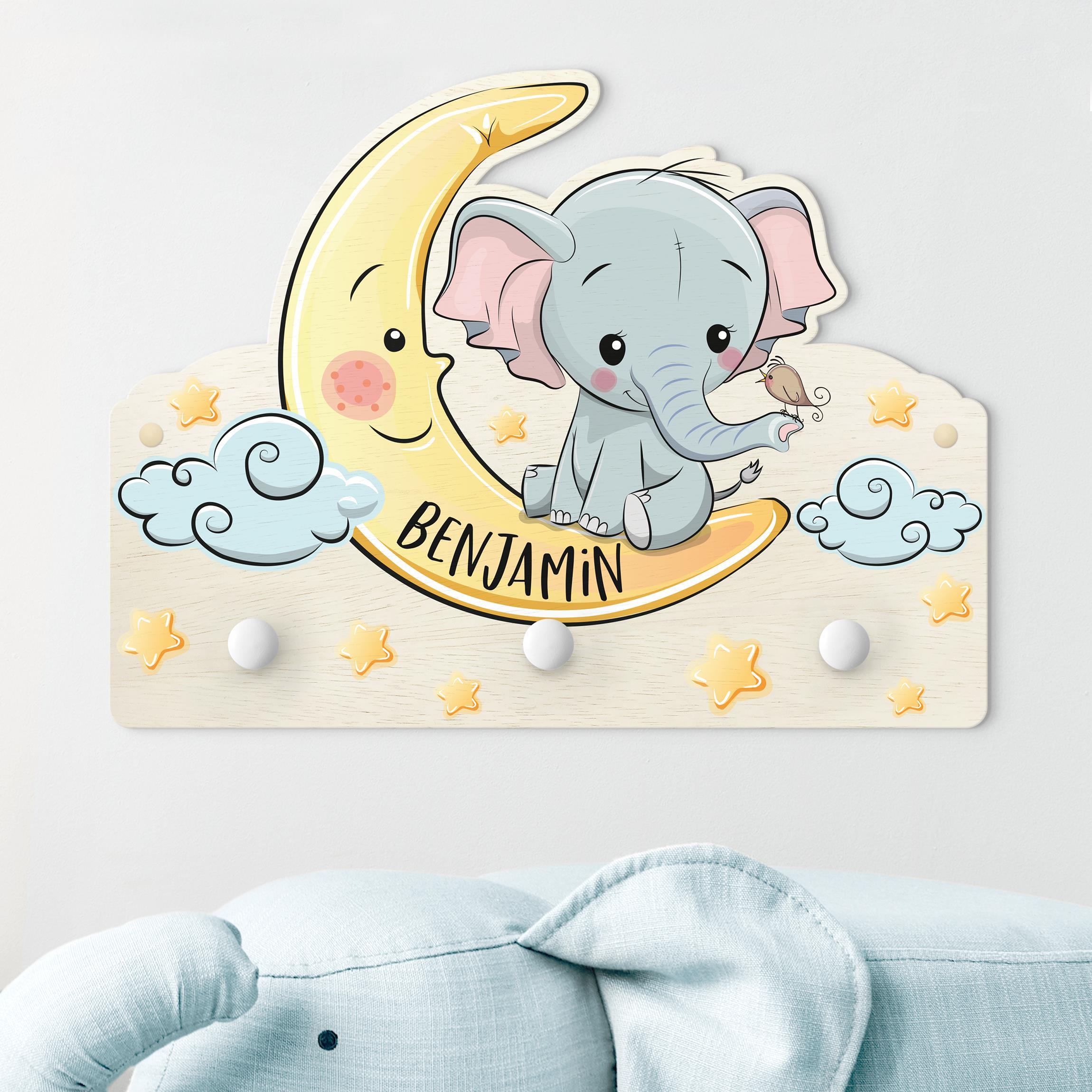 Kindergarderobe Holz mit Namen Elefant Mond mit Wunschnamen