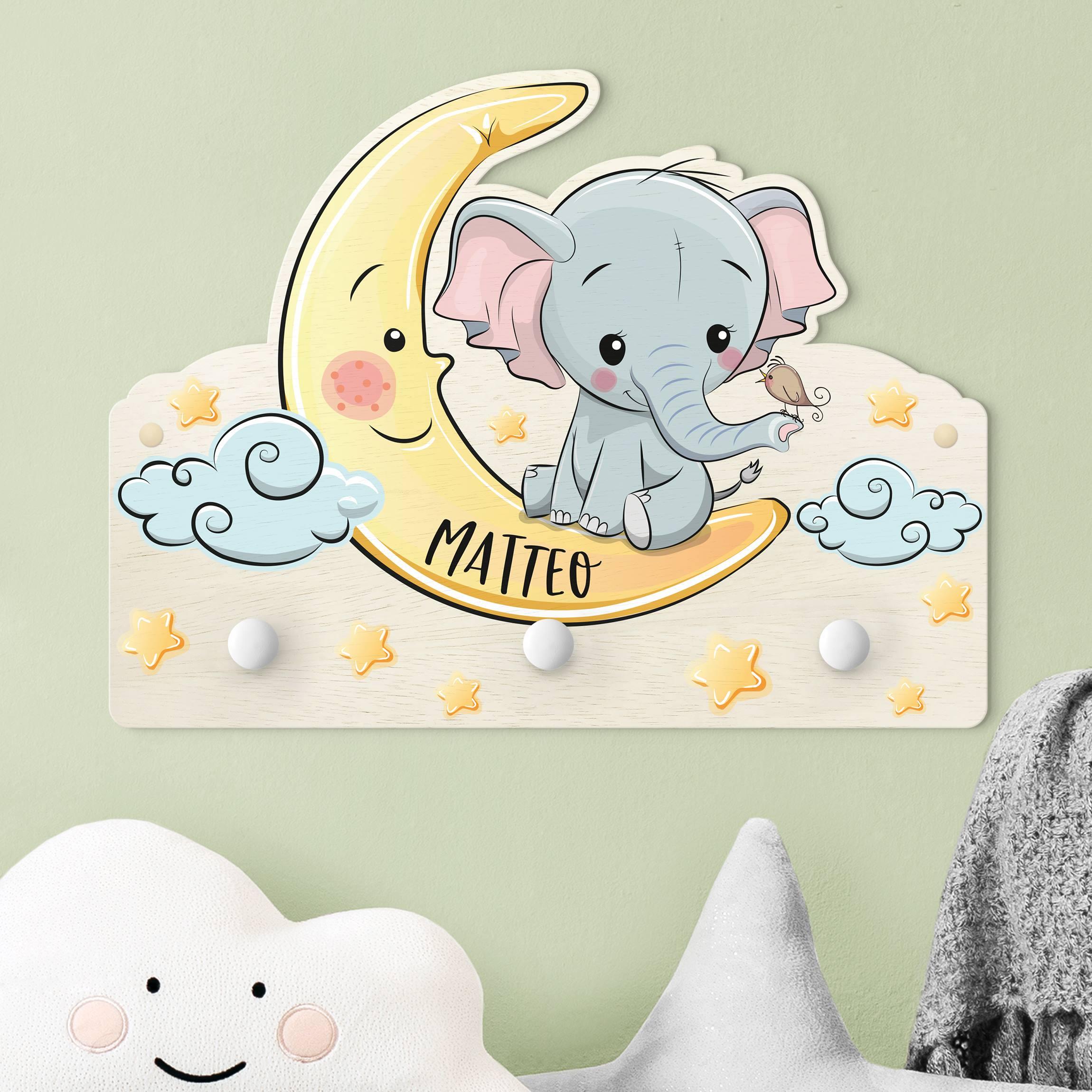 Kindergarderobe Holz mit Namen Elefant Mond mit Wunschnamen
