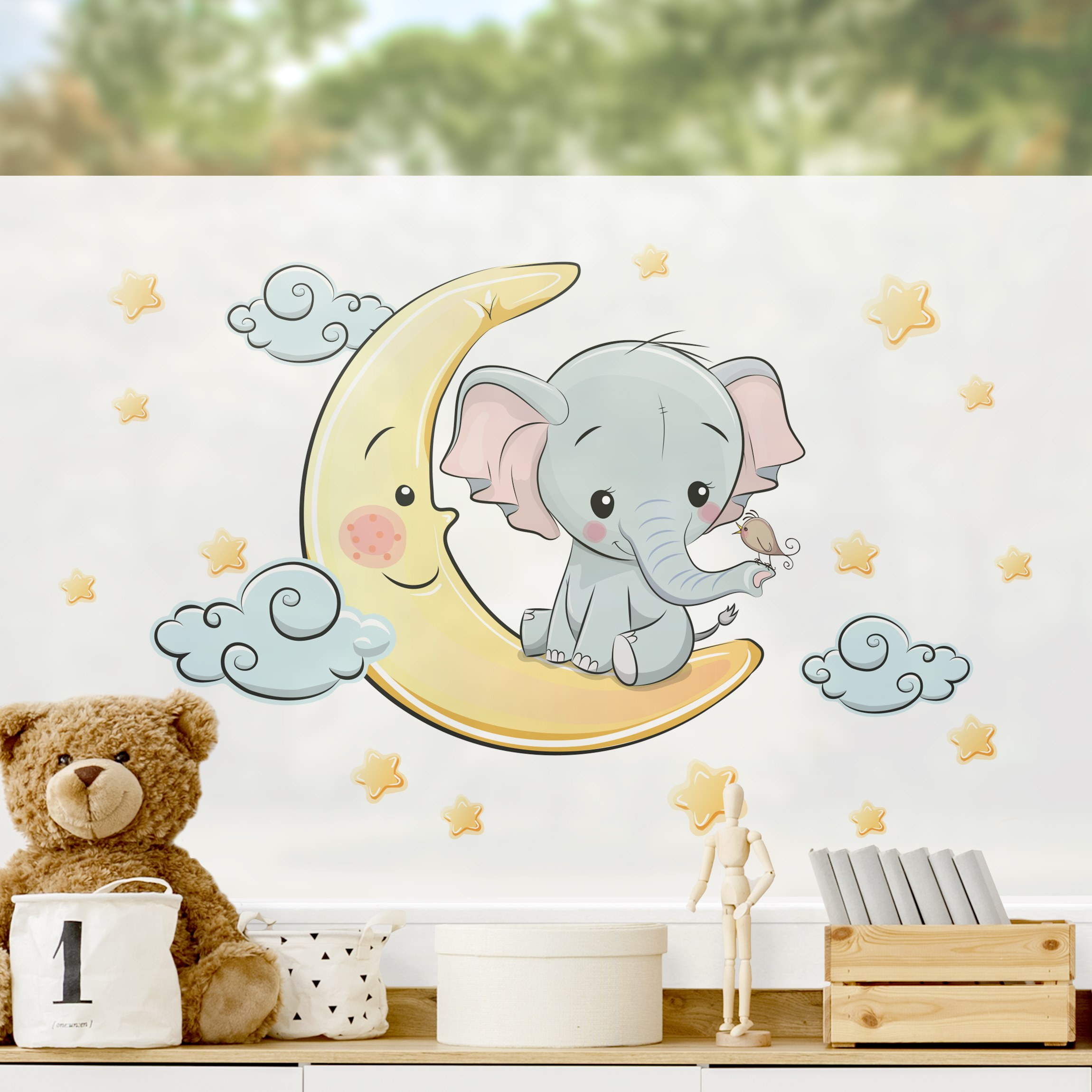 Fensterfolie Elefant Mond und Sterne