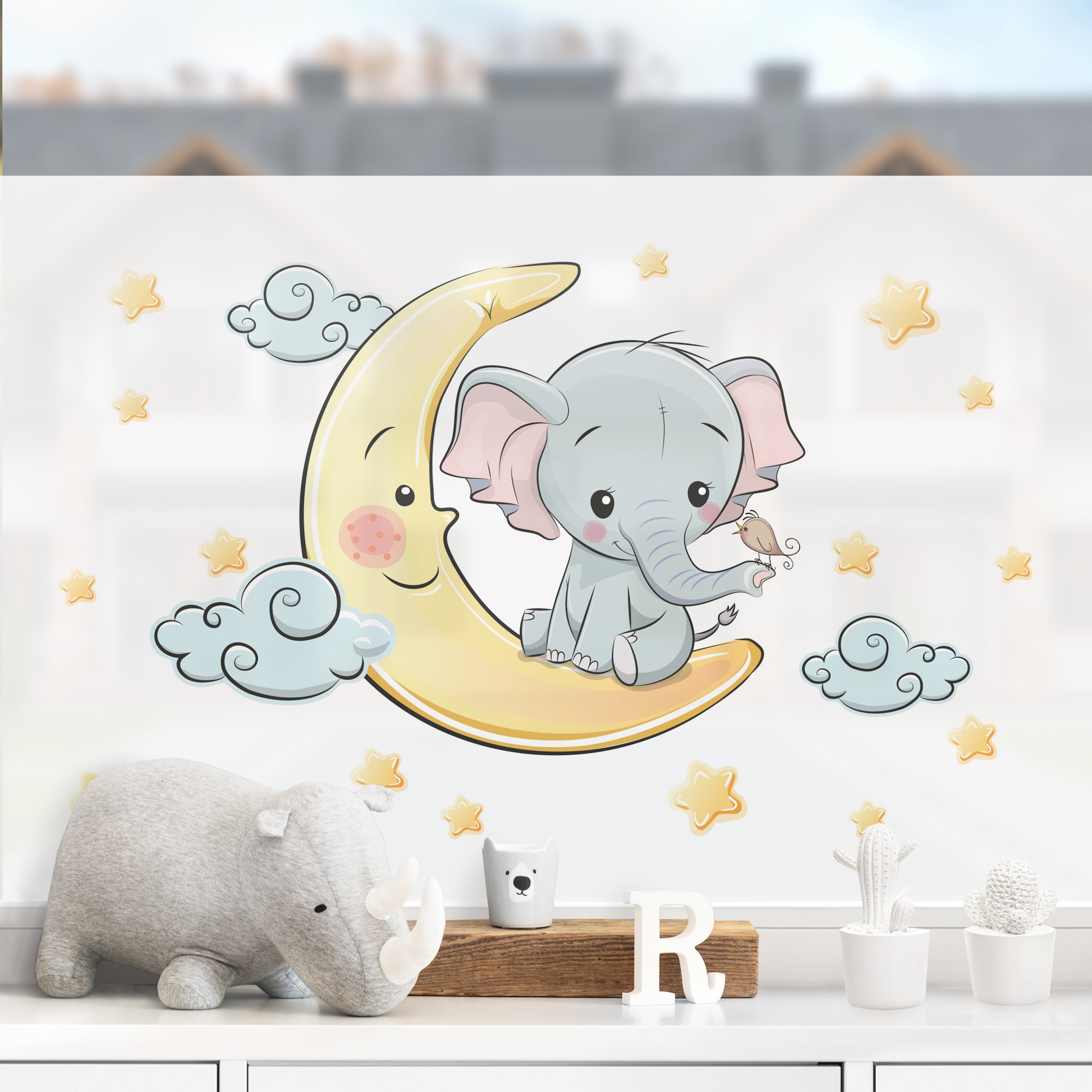 Fensterfolie Elefant Mond und Sterne