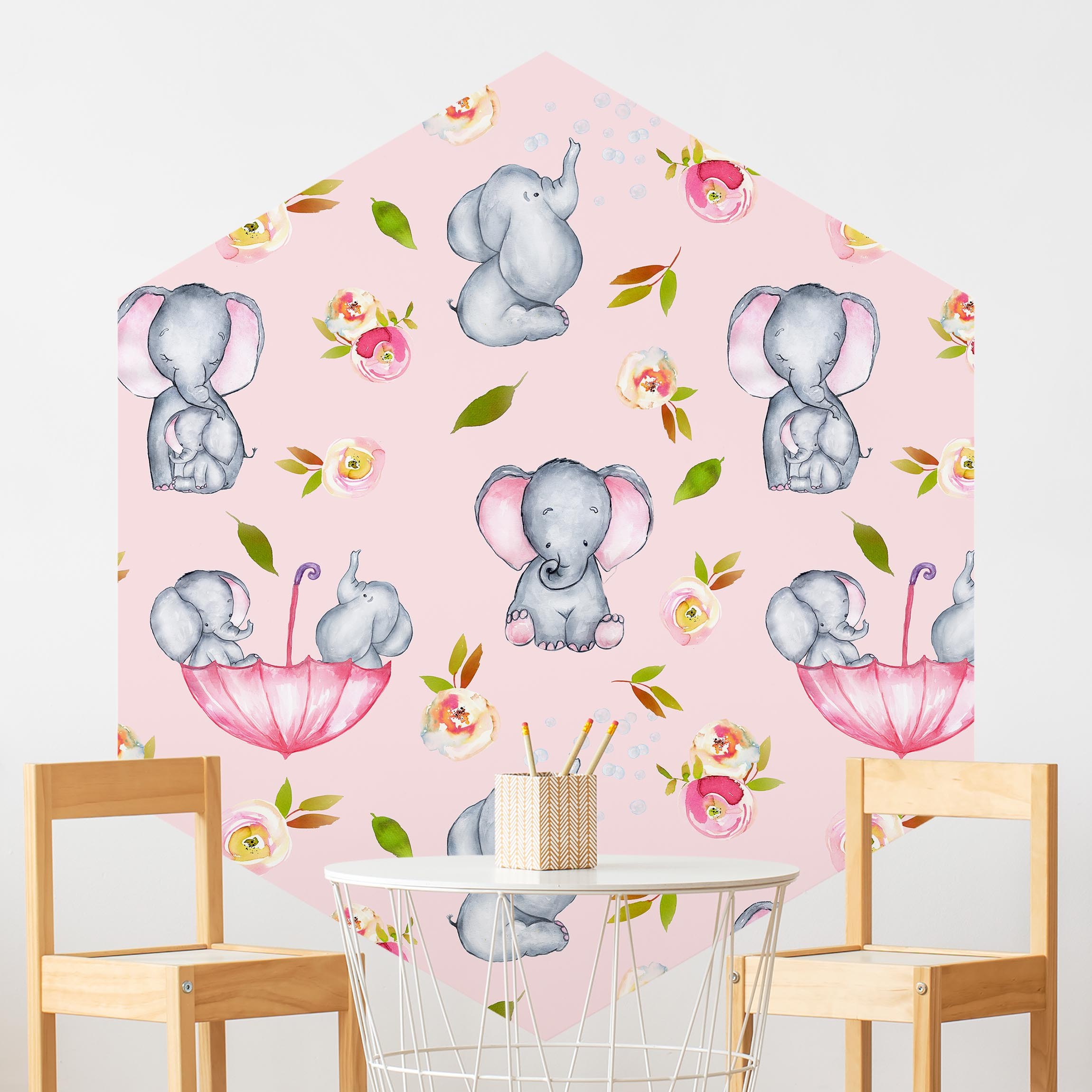 Hexagon Fototapete Elefanten mit Blumen vor Rosa