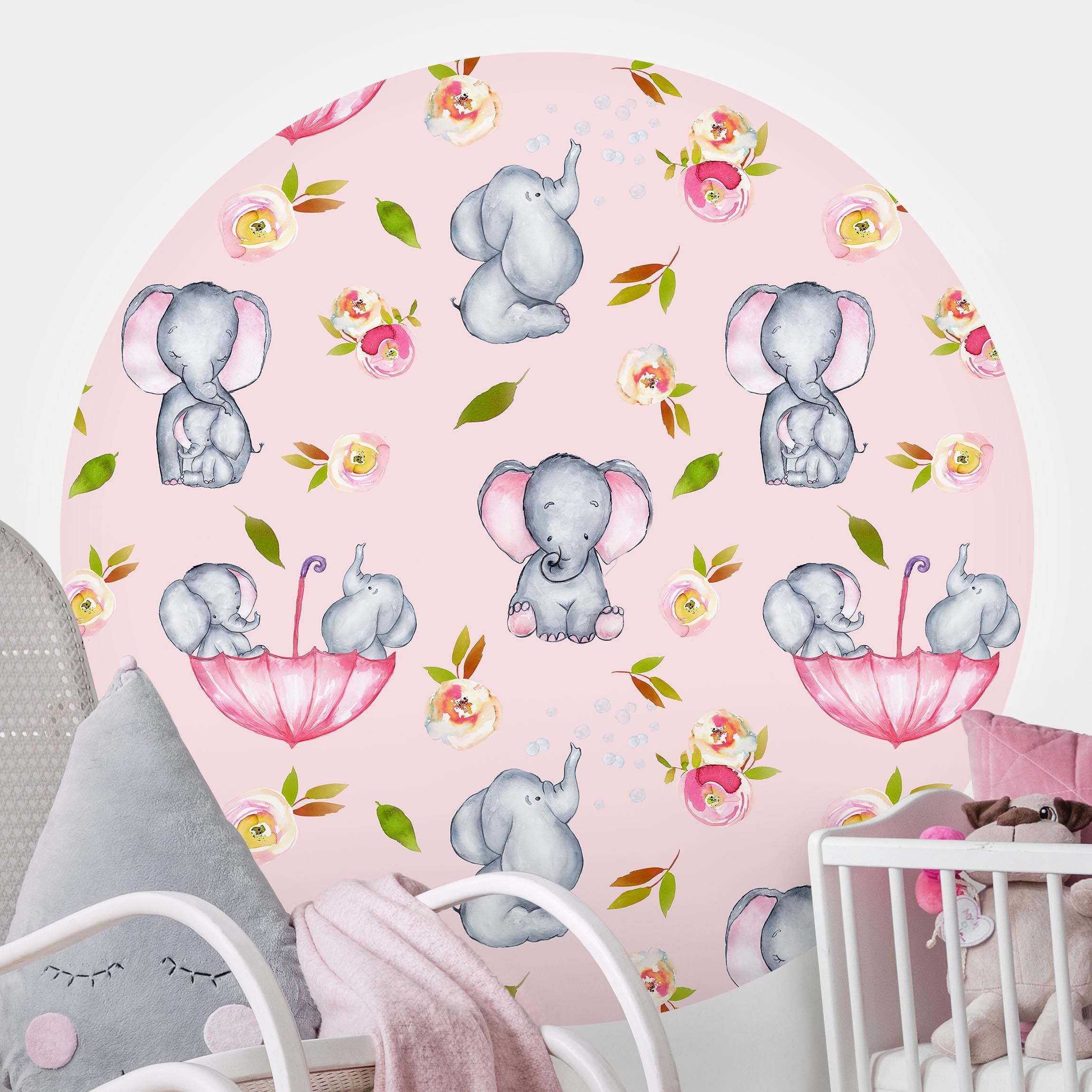 Runde Fototapete Elefanten mit Blumen vor Rosa