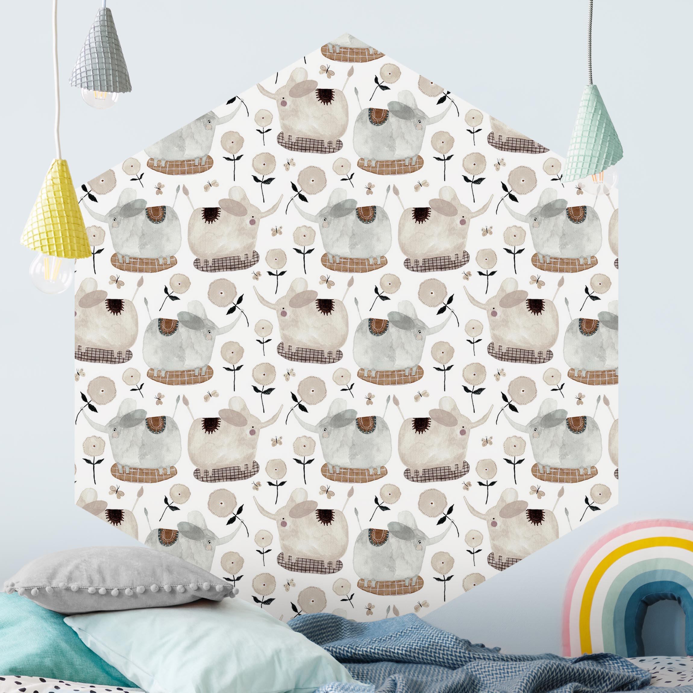 Hexagon Tapete selbstklebend Elefanten und Blumen