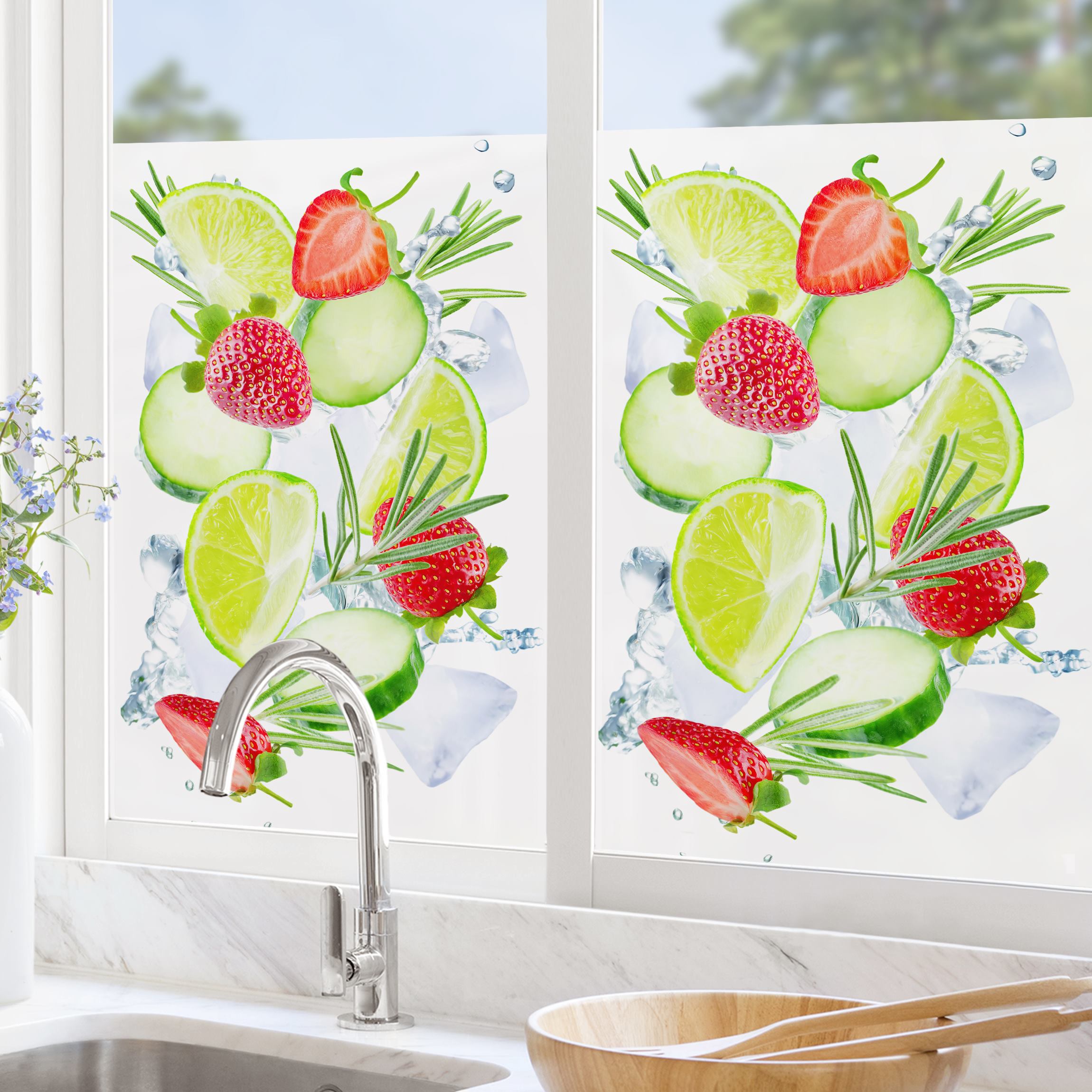 Fensterfolie Erdbeeren Limetten Eiswürfel Splash