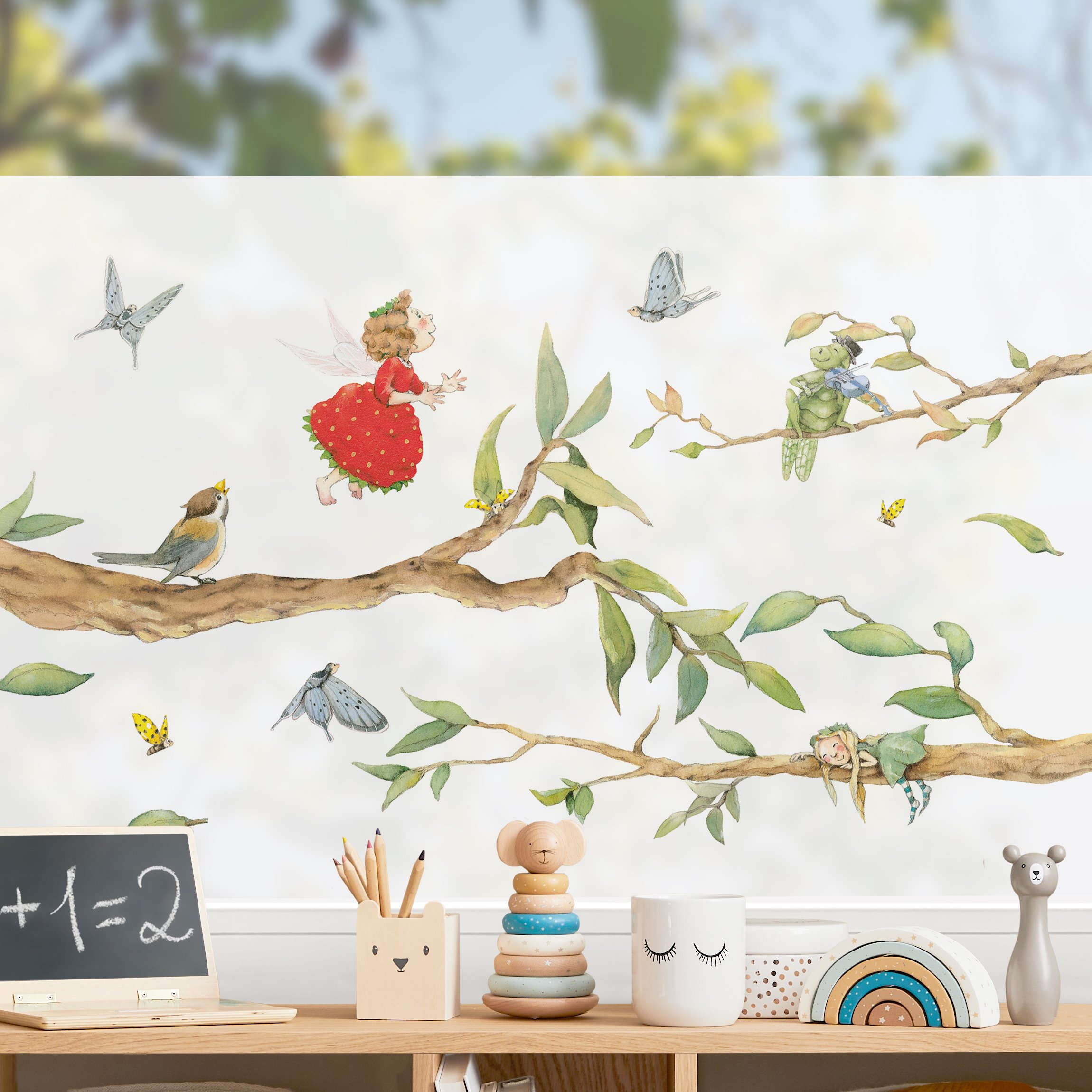 Fensterfolie Erdbeerinchen Erdbeerfee - Mit Baumfee und Heupferd