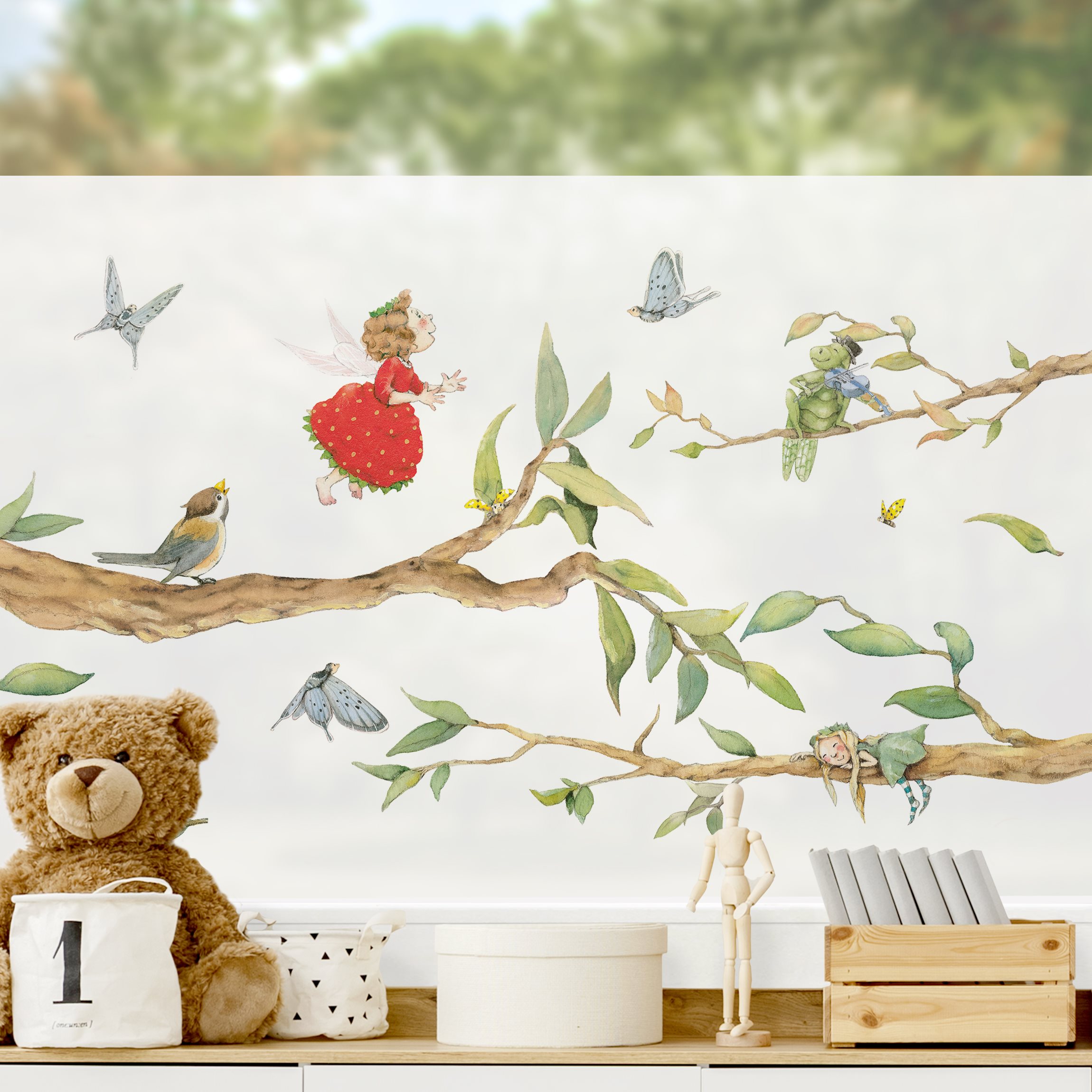 Fensterfolie Erdbeerinchen Erdbeerfee - Mit Baumfee und Heupferd