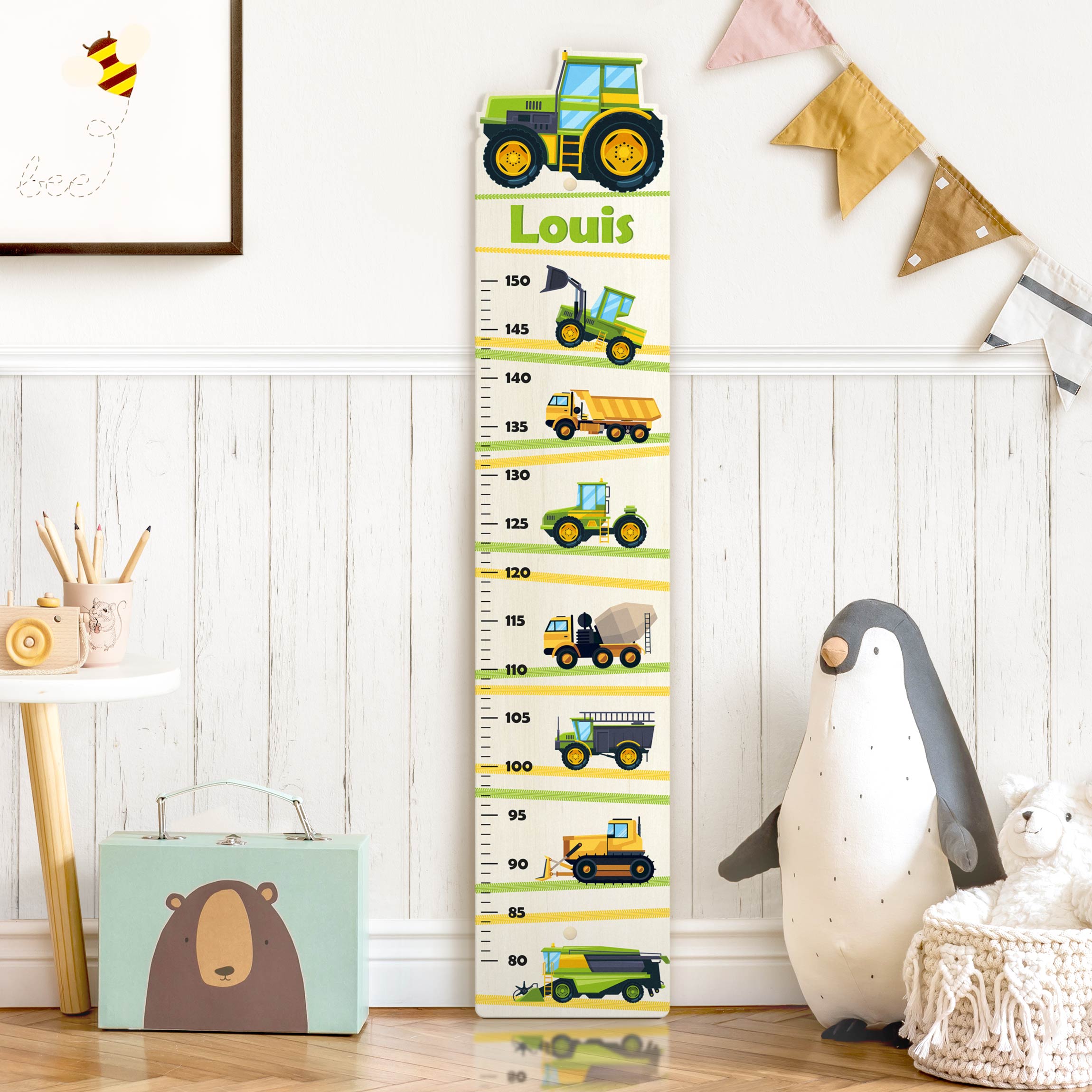 Kindermesslatte Holz Erntemaschine Traktor und Co mit Wunschname