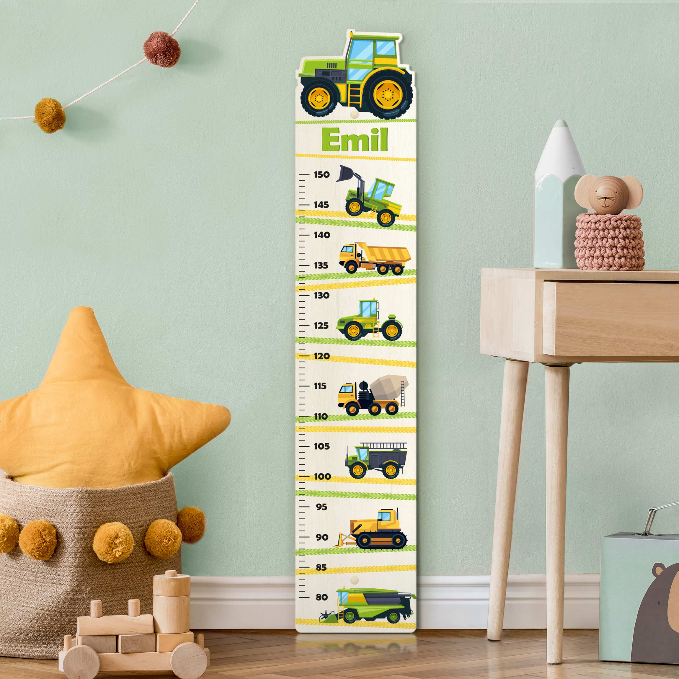 Kindermesslatte Holz Erntemaschine Traktor und Co mit Wunschname