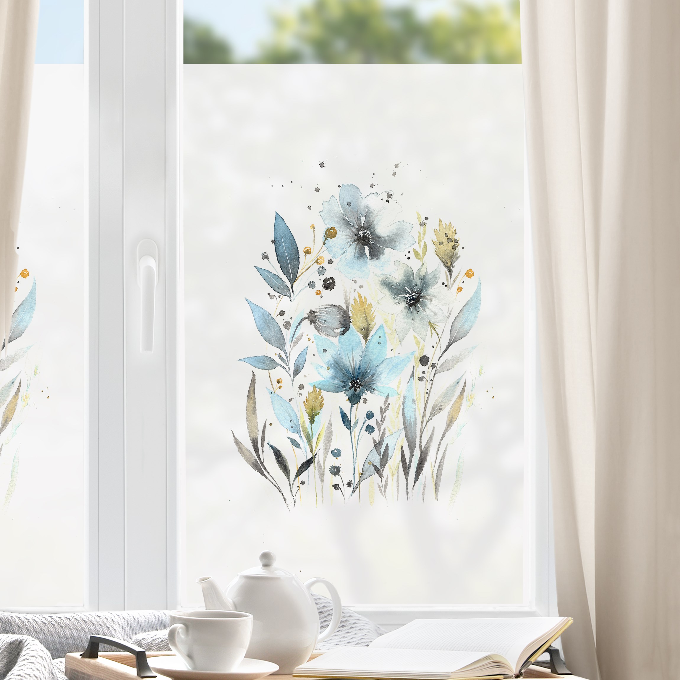Fensterfolie Esther-Meinl - Türkise Aquarell Blumen