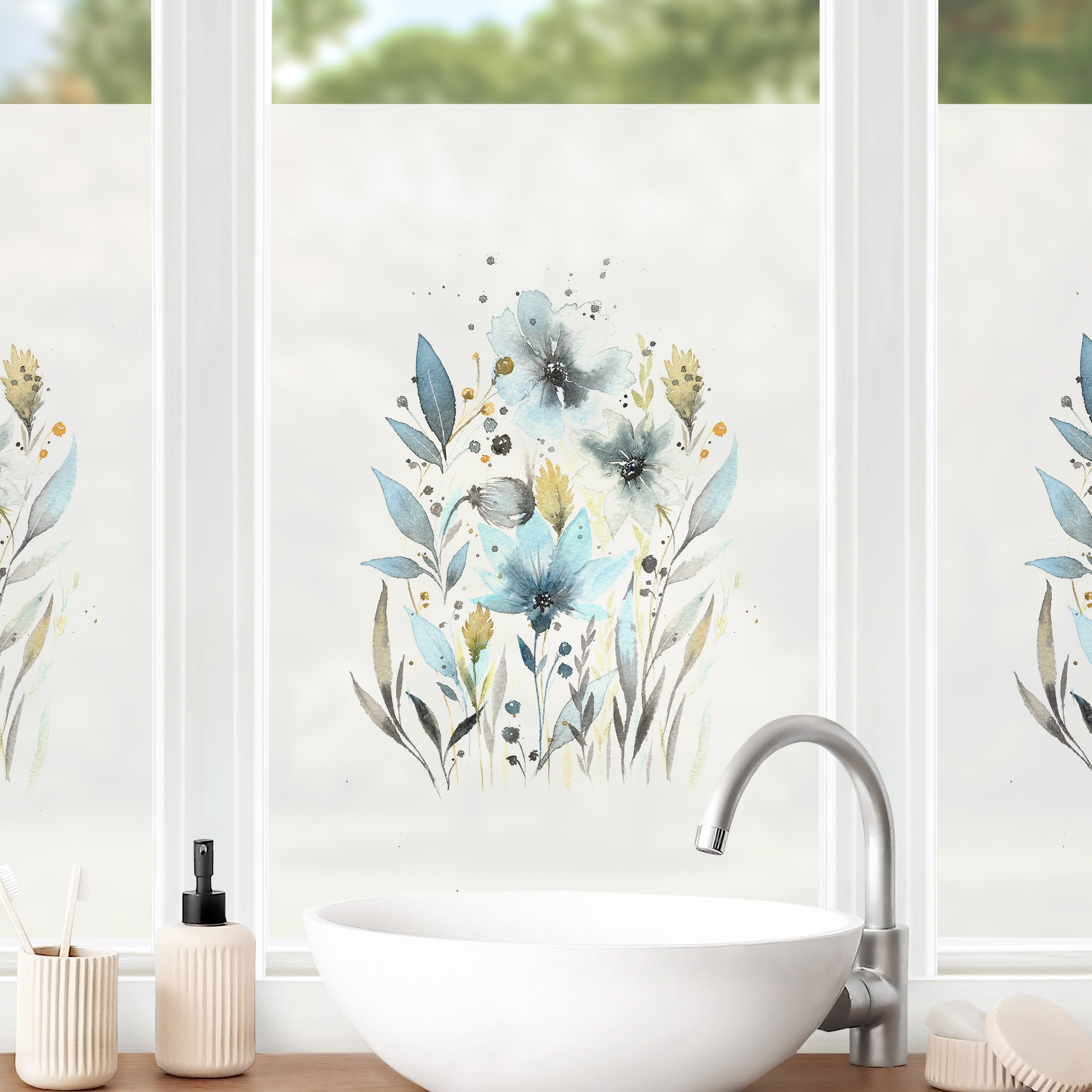 Fensterfolie Esther-Meinl - Türkise Aquarell Blumen