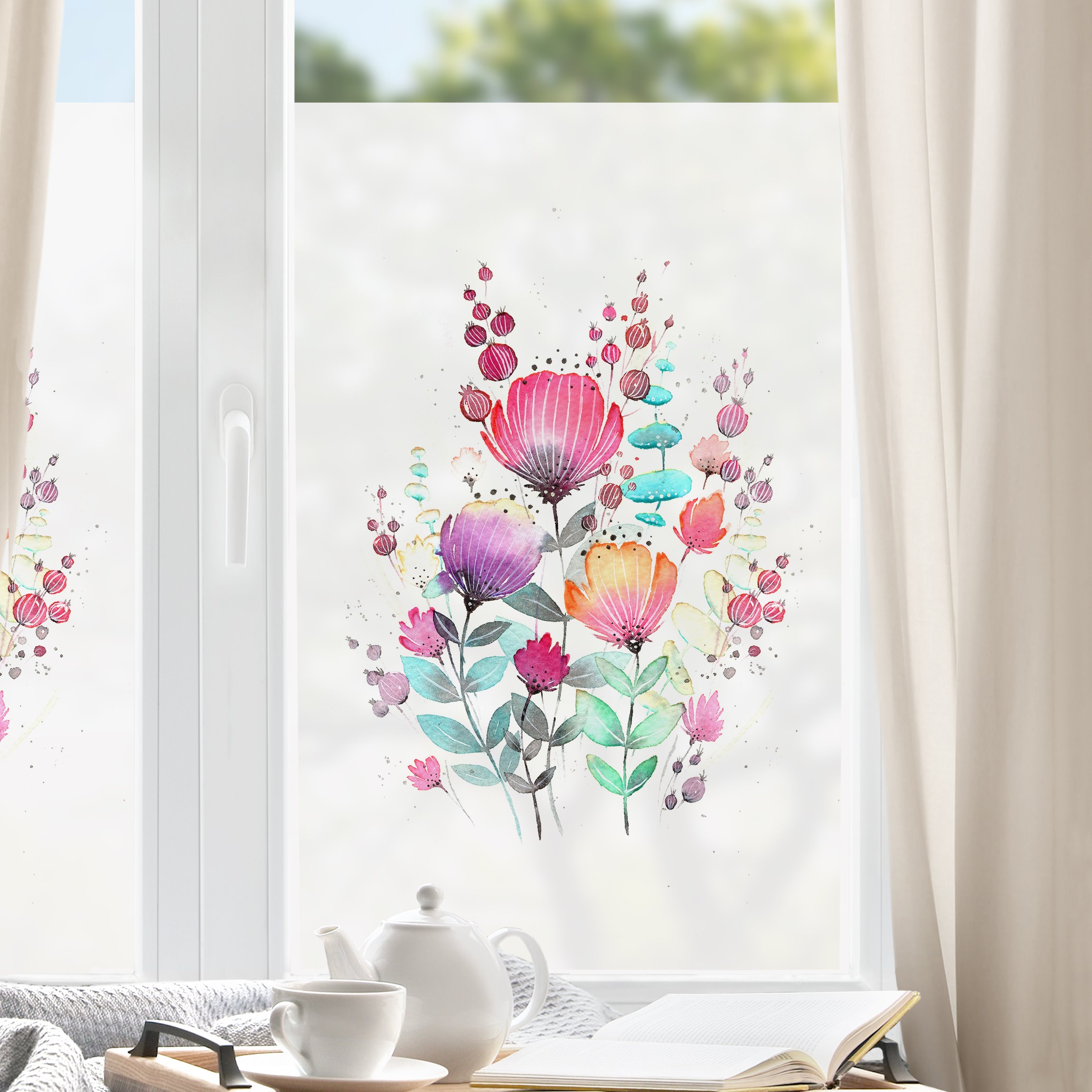 Fensterfolie Esther Meinl - Aquarell Regenbogen Blumen