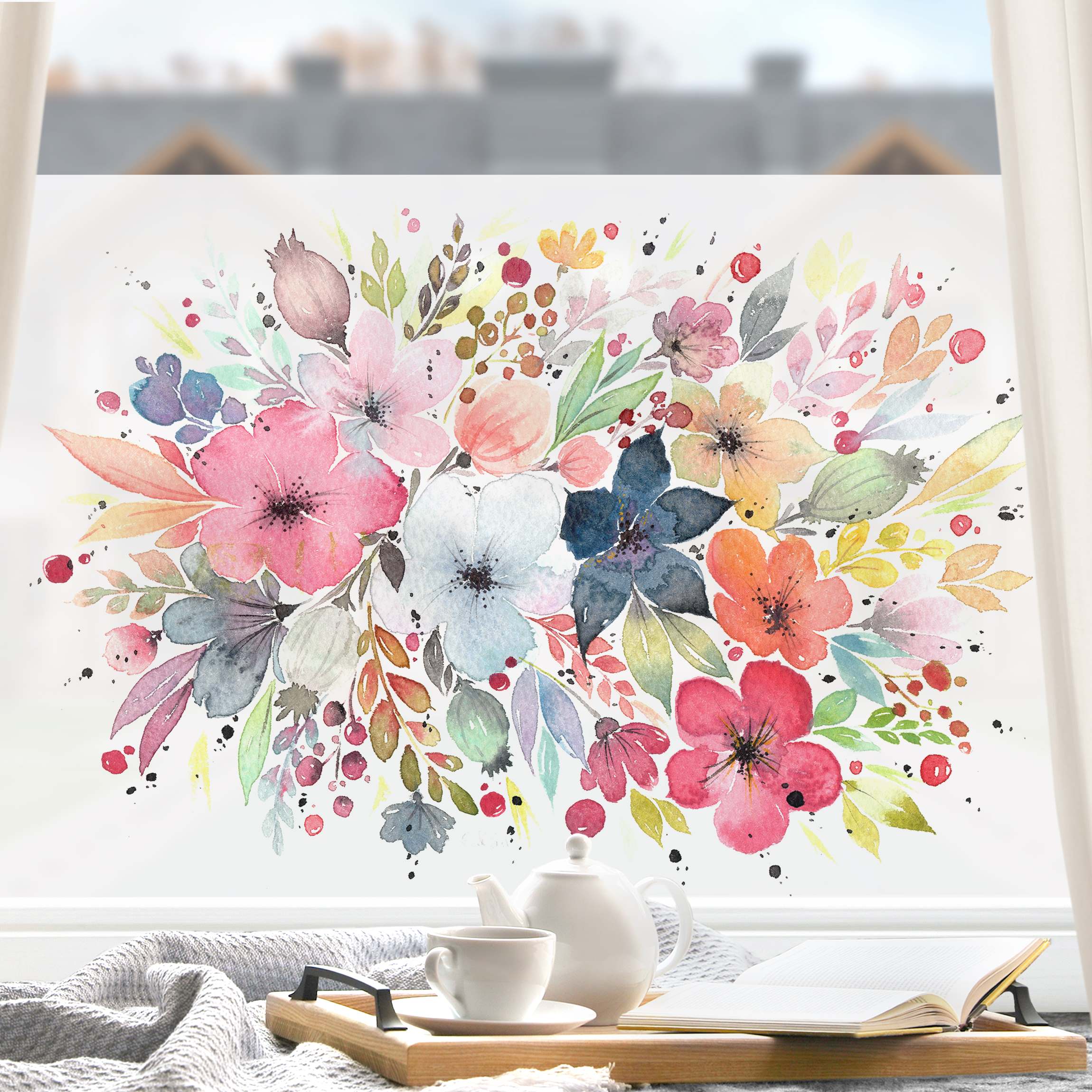 Fensterfolie Esther Meinl - Farbenfrohe Aquarell Blumen