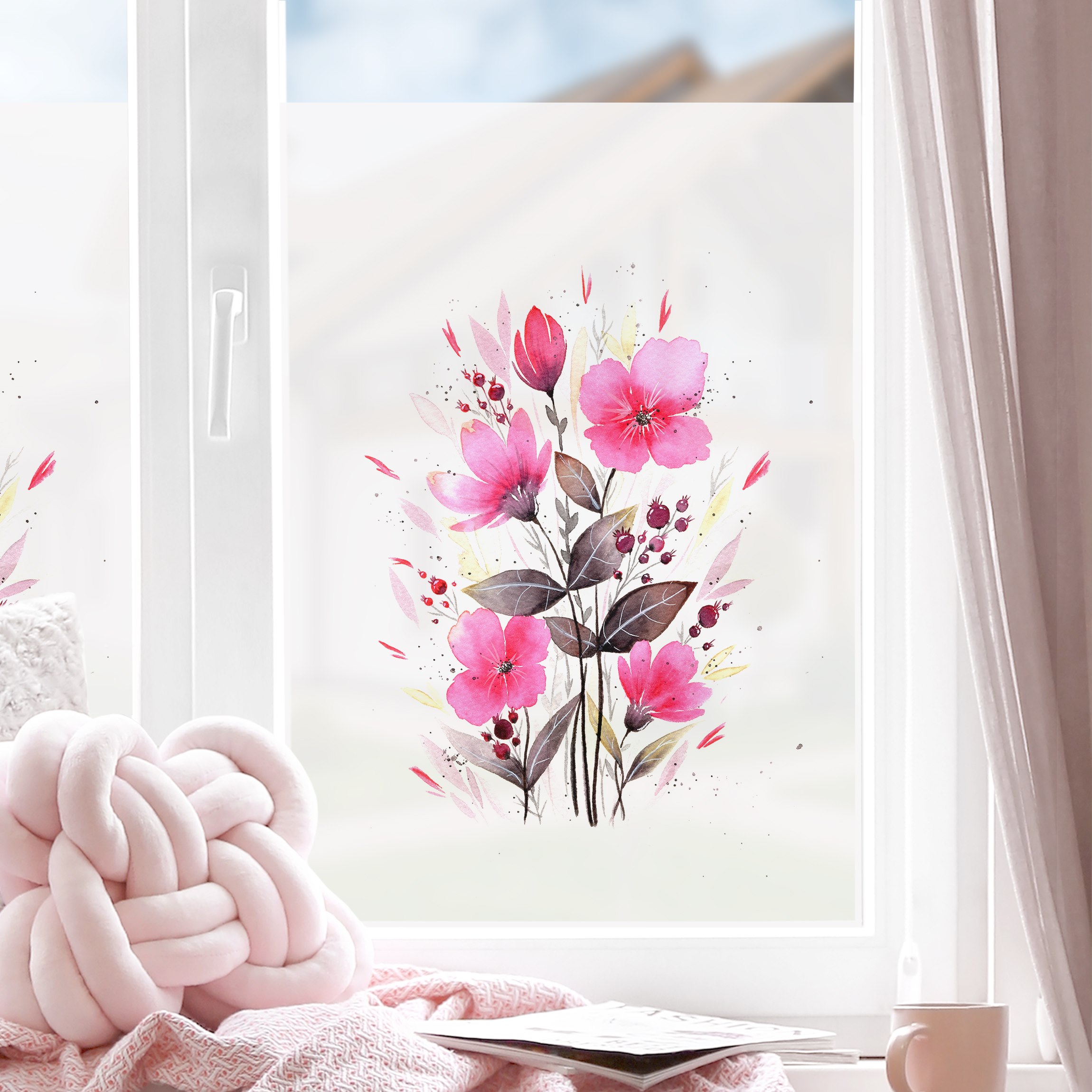 Fensterfolie Esther Meinl - Pinke Aquarell Blumen im Sommer
