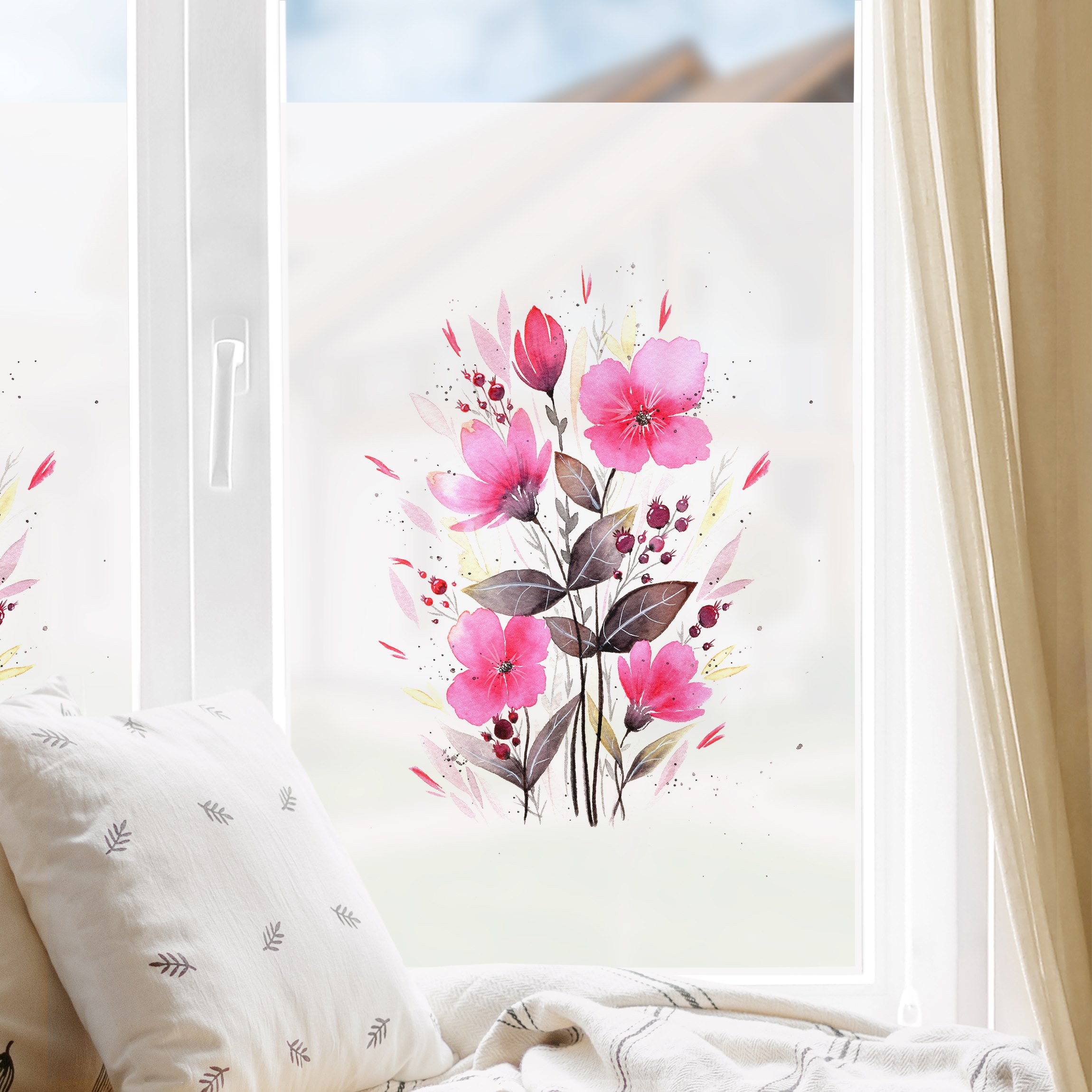 Fensterfolie Esther Meinl - Pinke Aquarell Blumen im Sommer