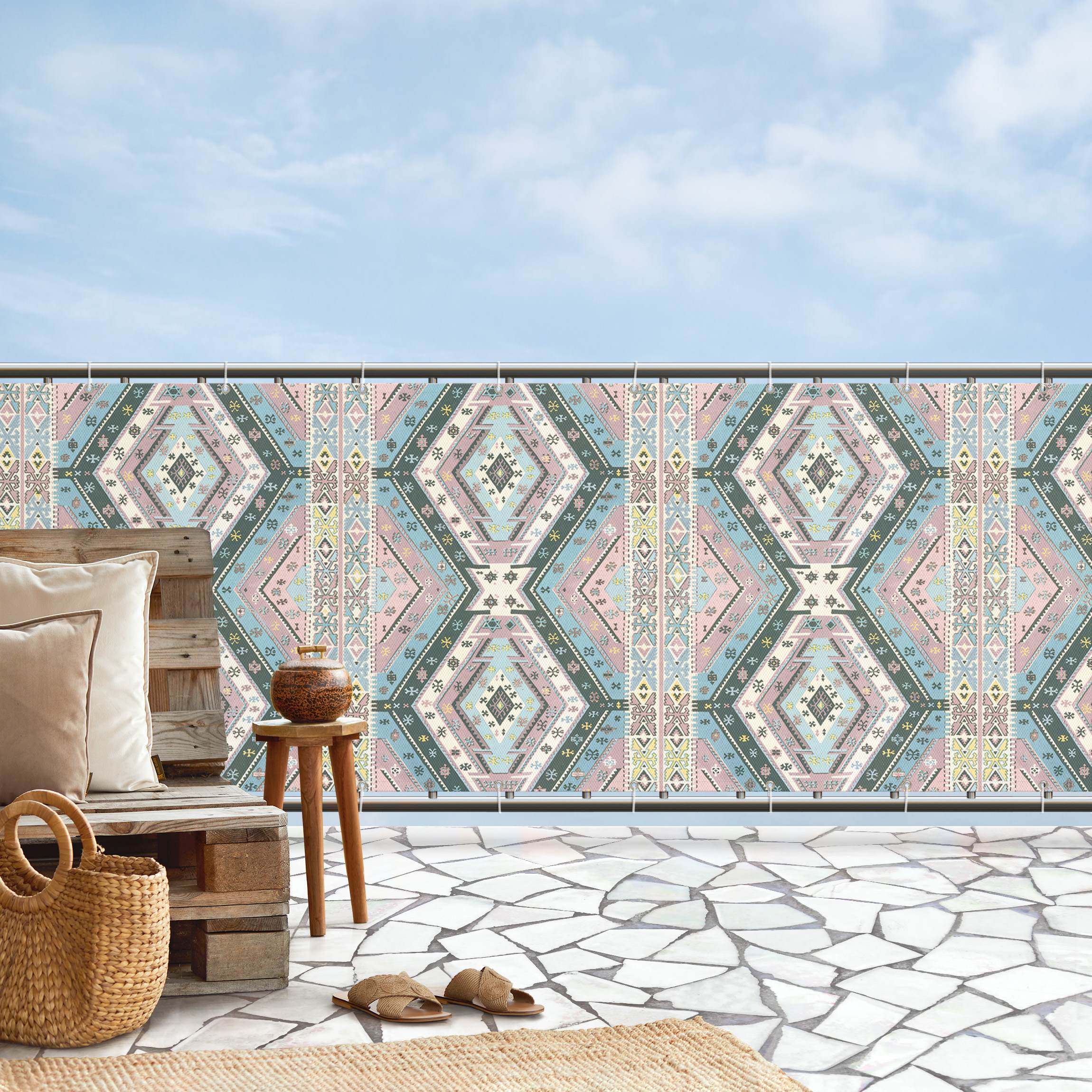 Balkon Sichtschutz Ethno Rauten Muster in Pastell