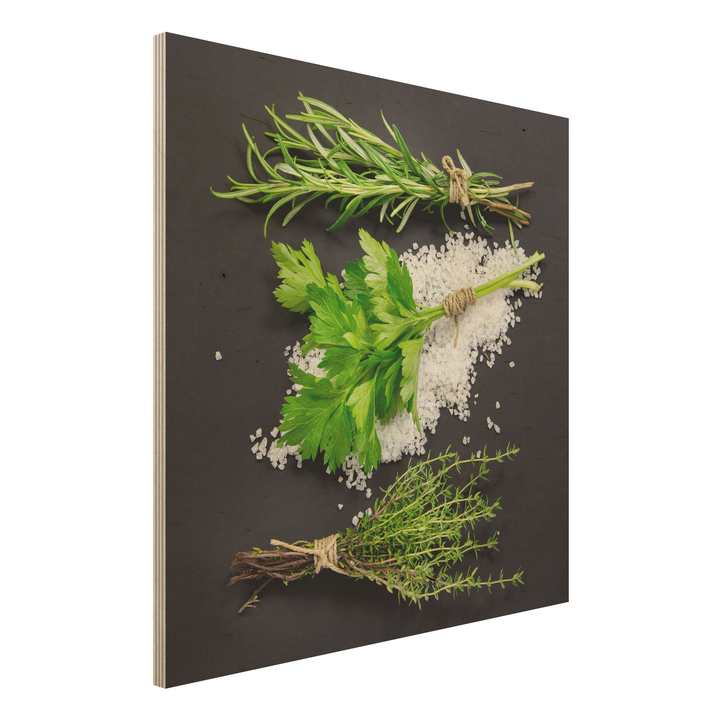 Holzbild Kräuter im Salzbett vor Schwarz