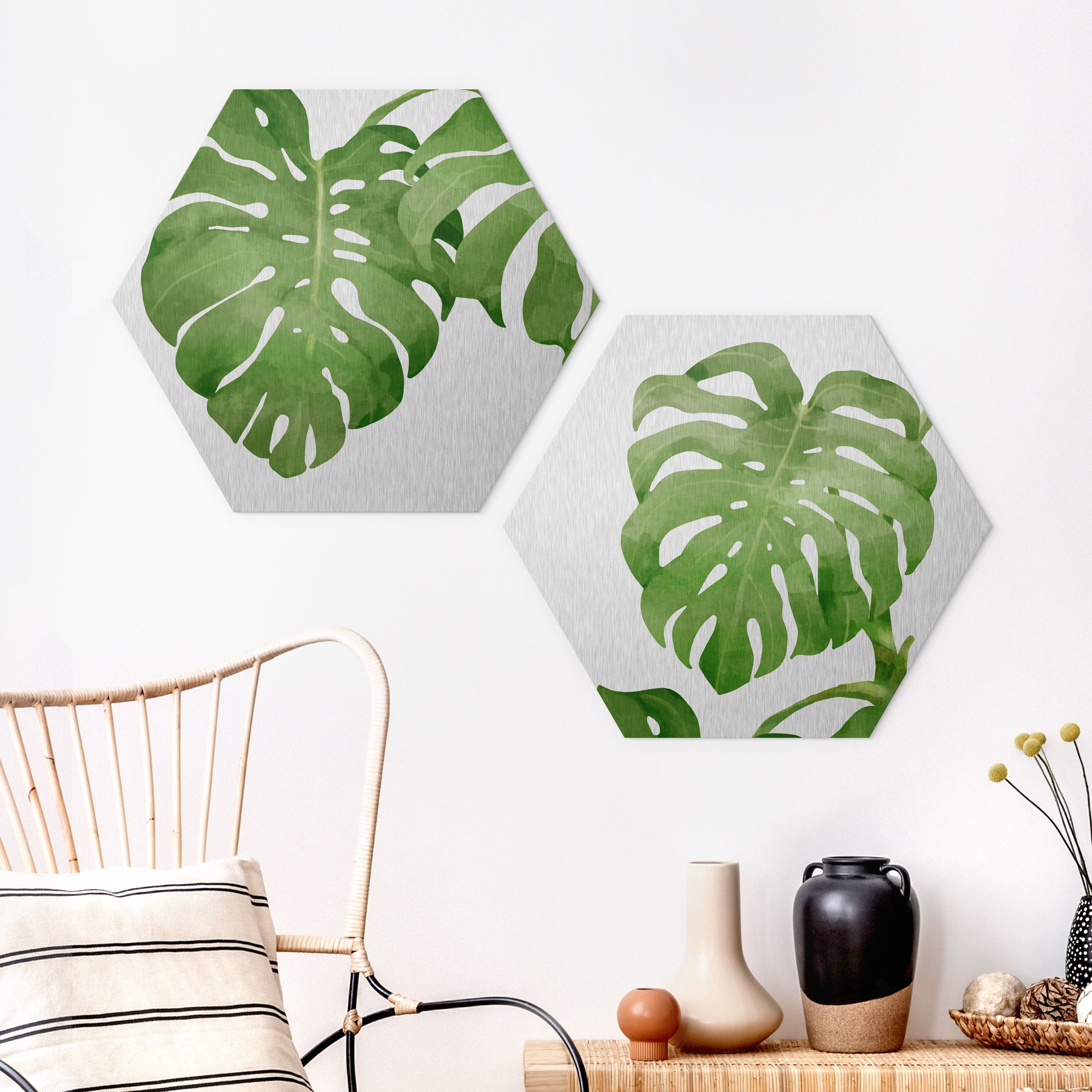 2-teiliges Hexagon-Alu-Dibond Bild Monstera Aquarell