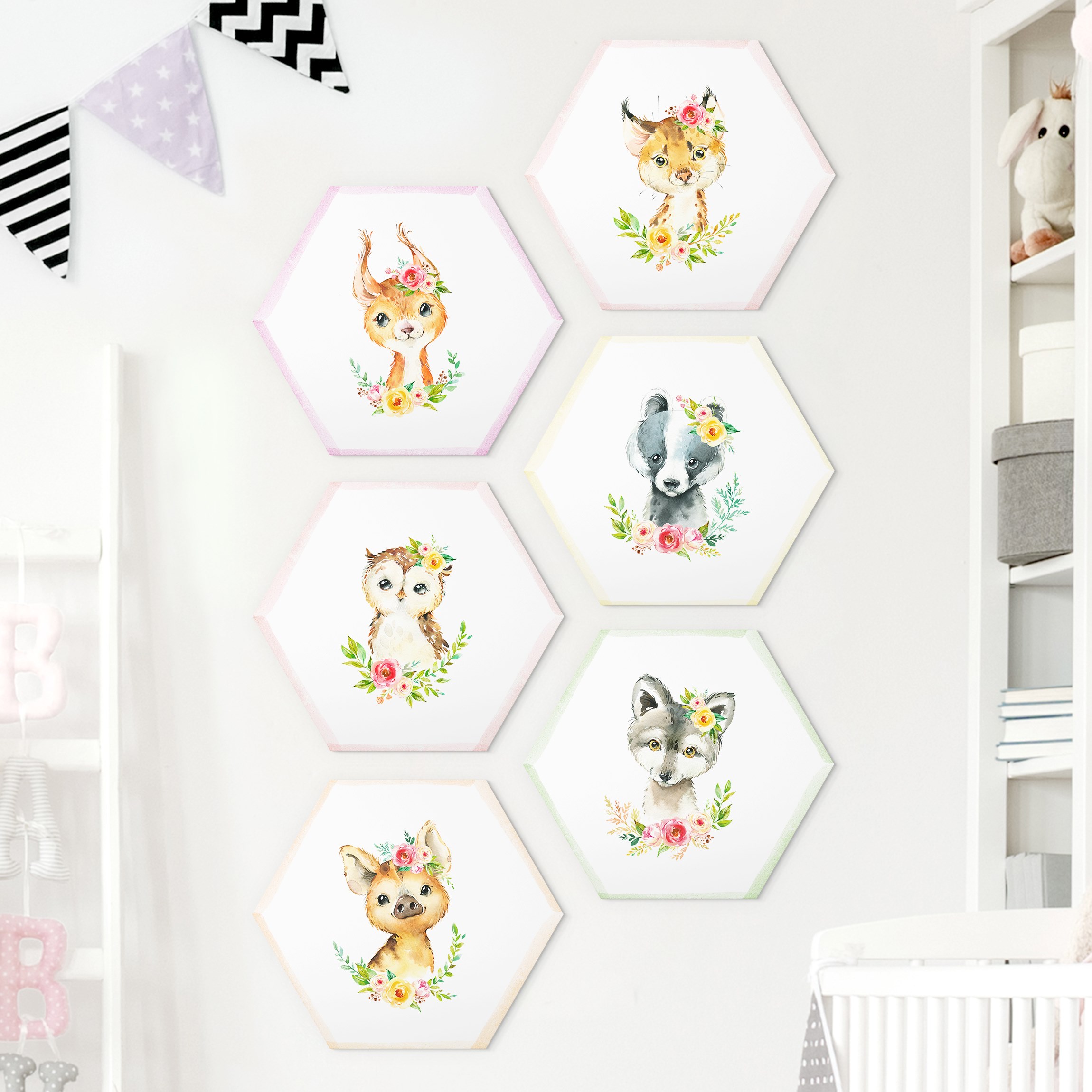 6-teiliges Hexagon-Alu-Dibond Bild Aquarell Waldtiere mit Blumen Set V