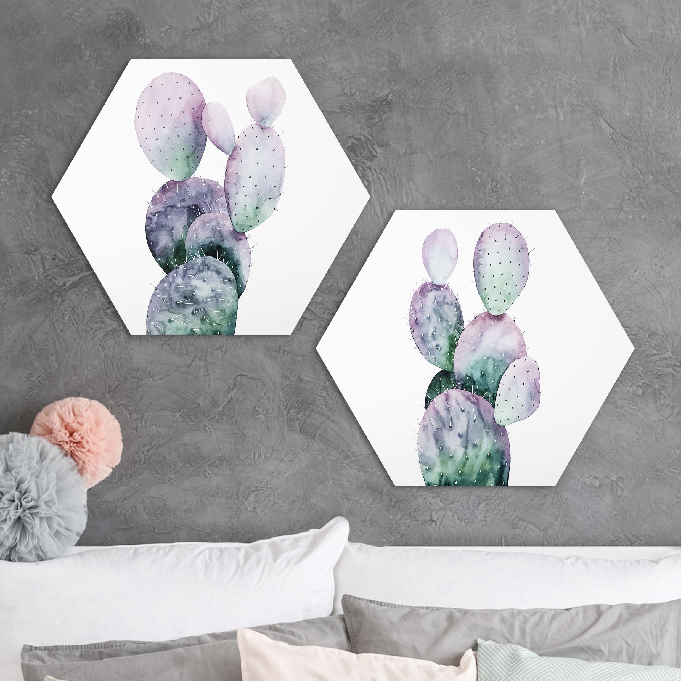 2-teiliges Hexagon-Alu-Dibond Bild Kaktus in Lila Set I