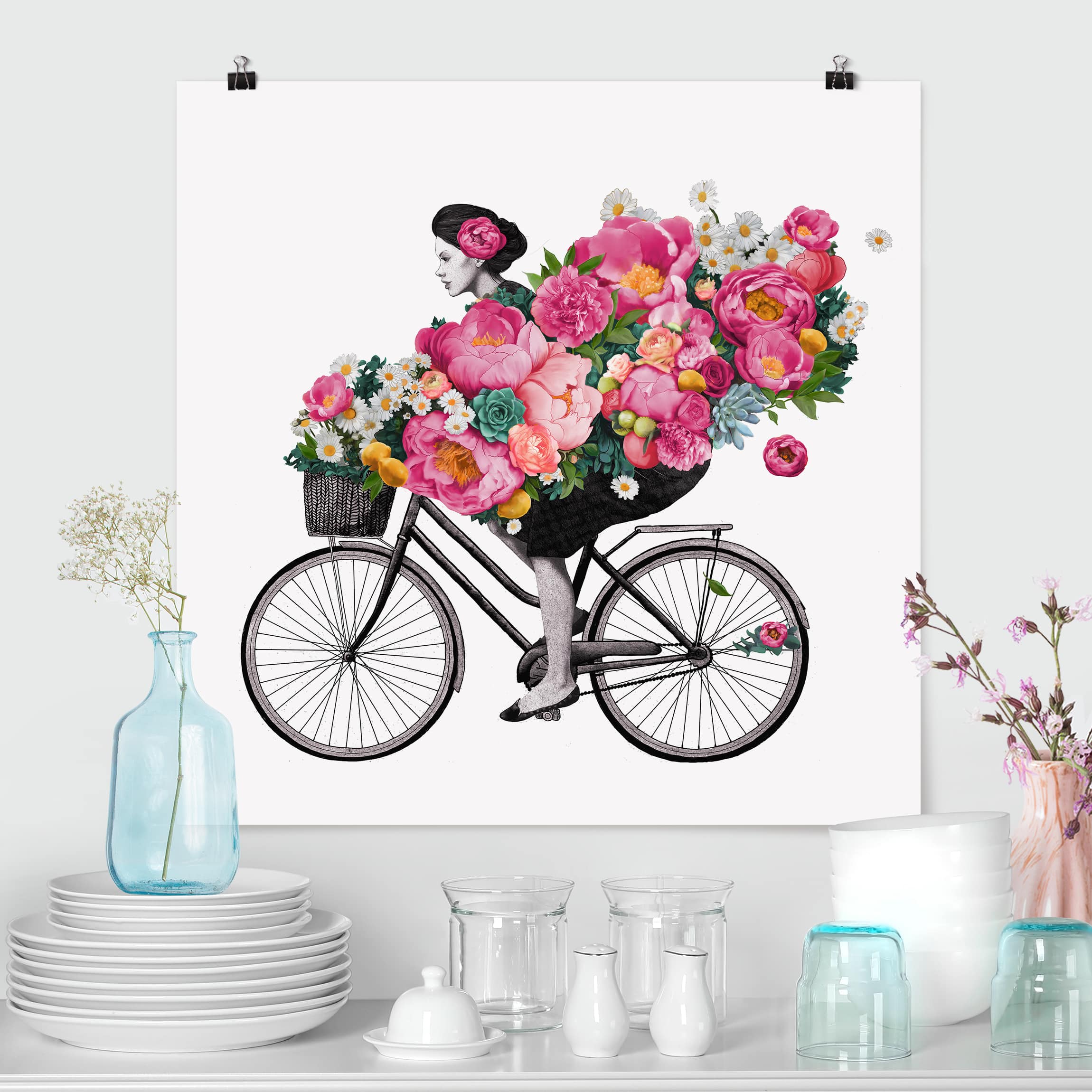 Poster - Quadrat Illustration Frau auf Fahrrad Collage bunte Blumen
