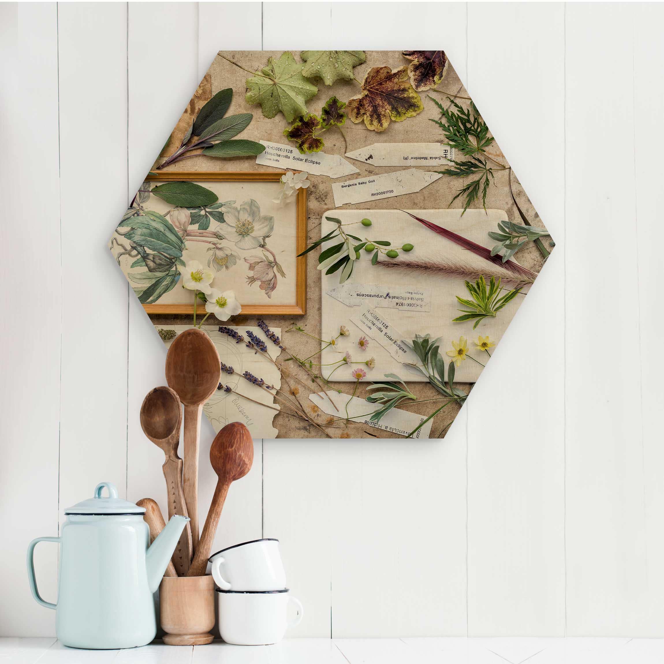 Hexagon-Holzbild Blumen und Gartenkräuter Vintage