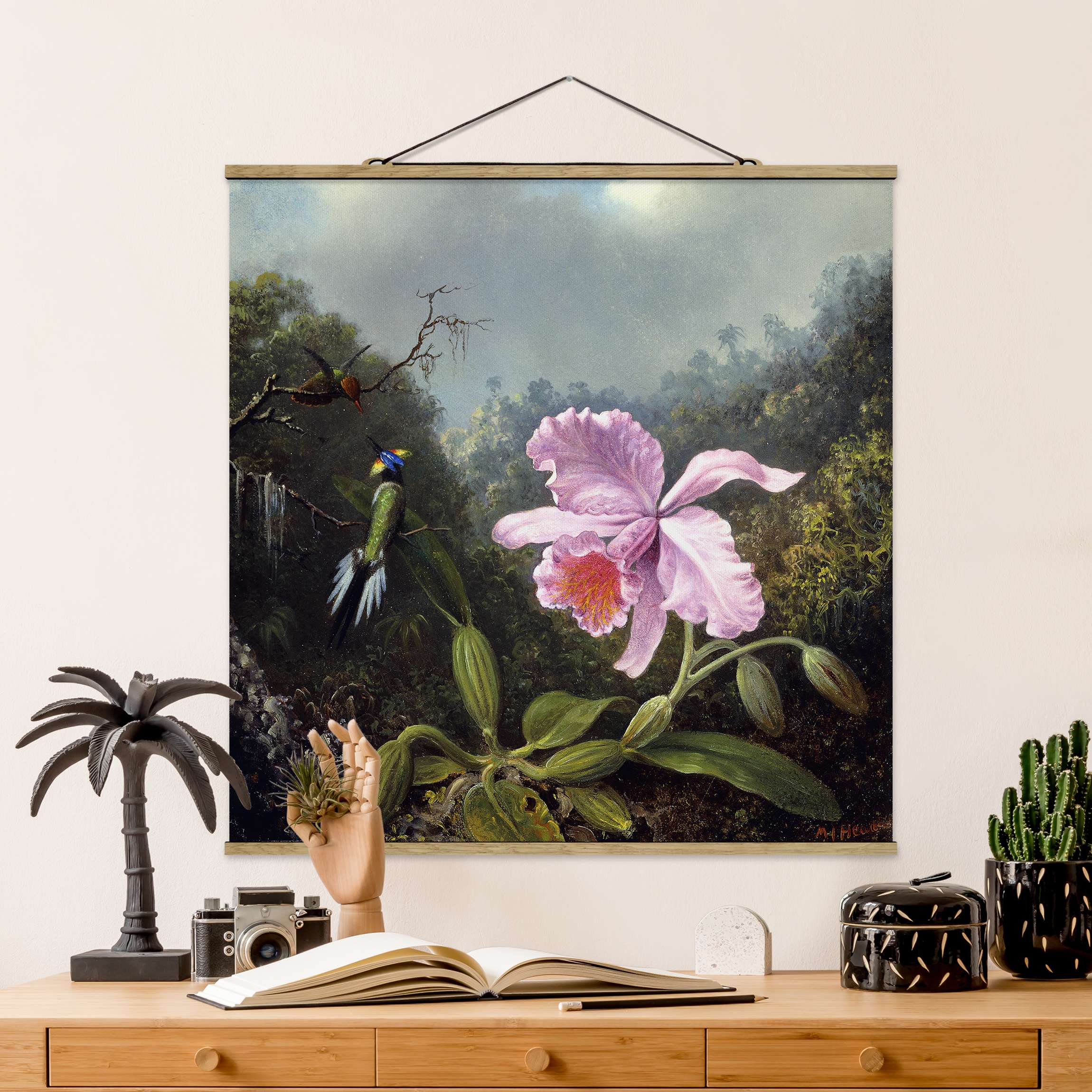 Stoffbild mit Posterleisten Martin Johnson Heade - Stillleben mit Orchidee und zwei Kolibris