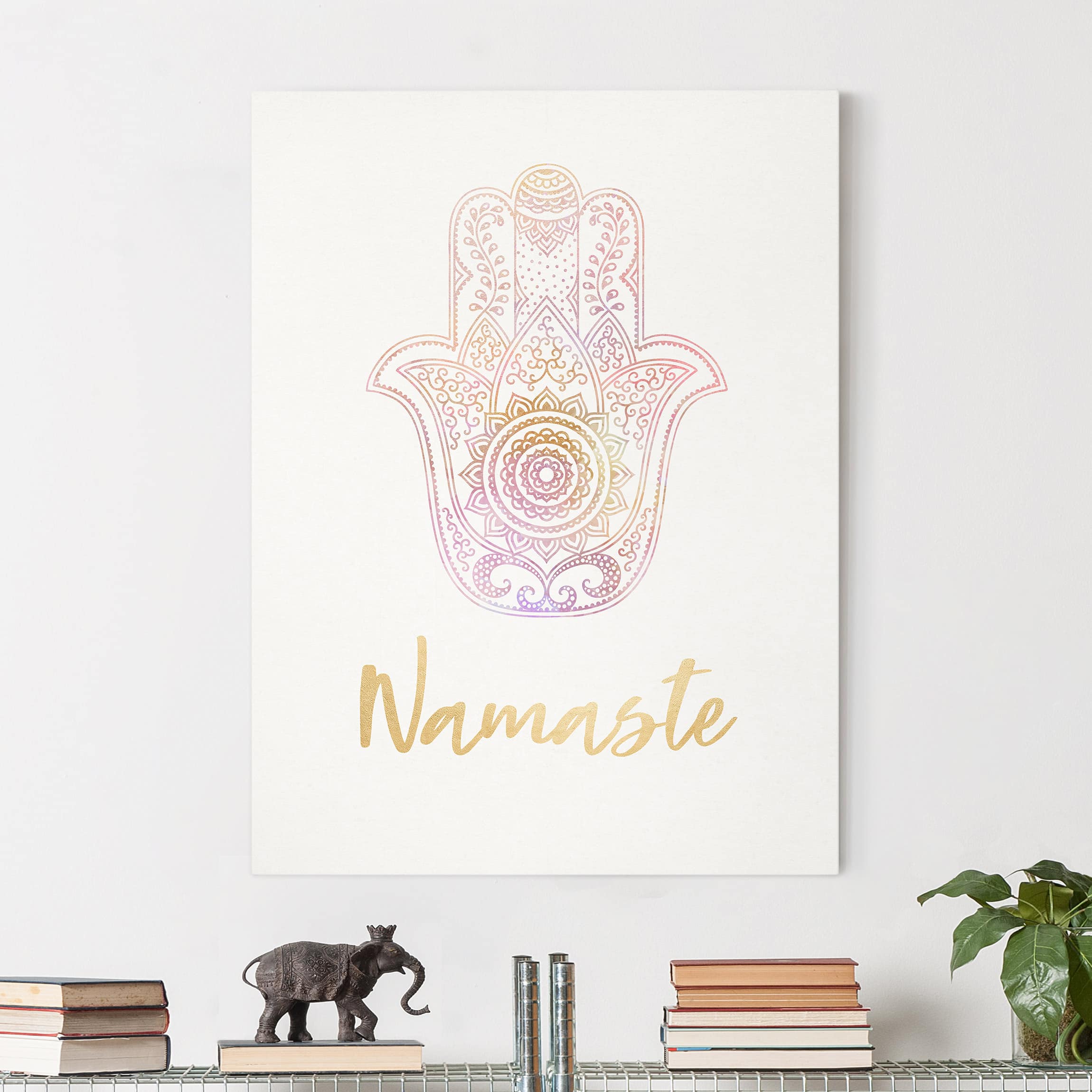 Leinwandbild Hamsa Hand Illustration Namaste gold rosa