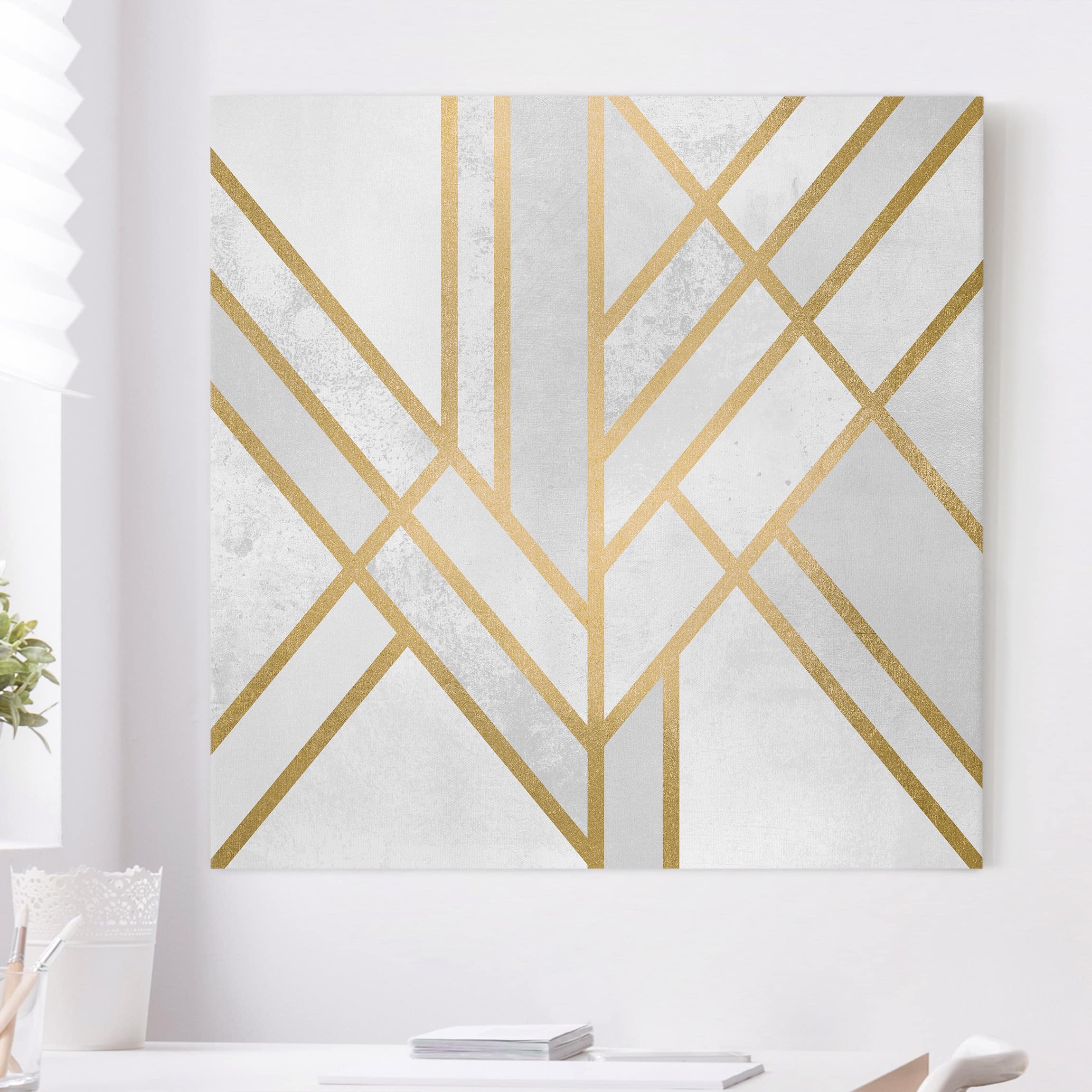 Leinwandbild - Quadrat Art Deco Geometrie Weiß Gold