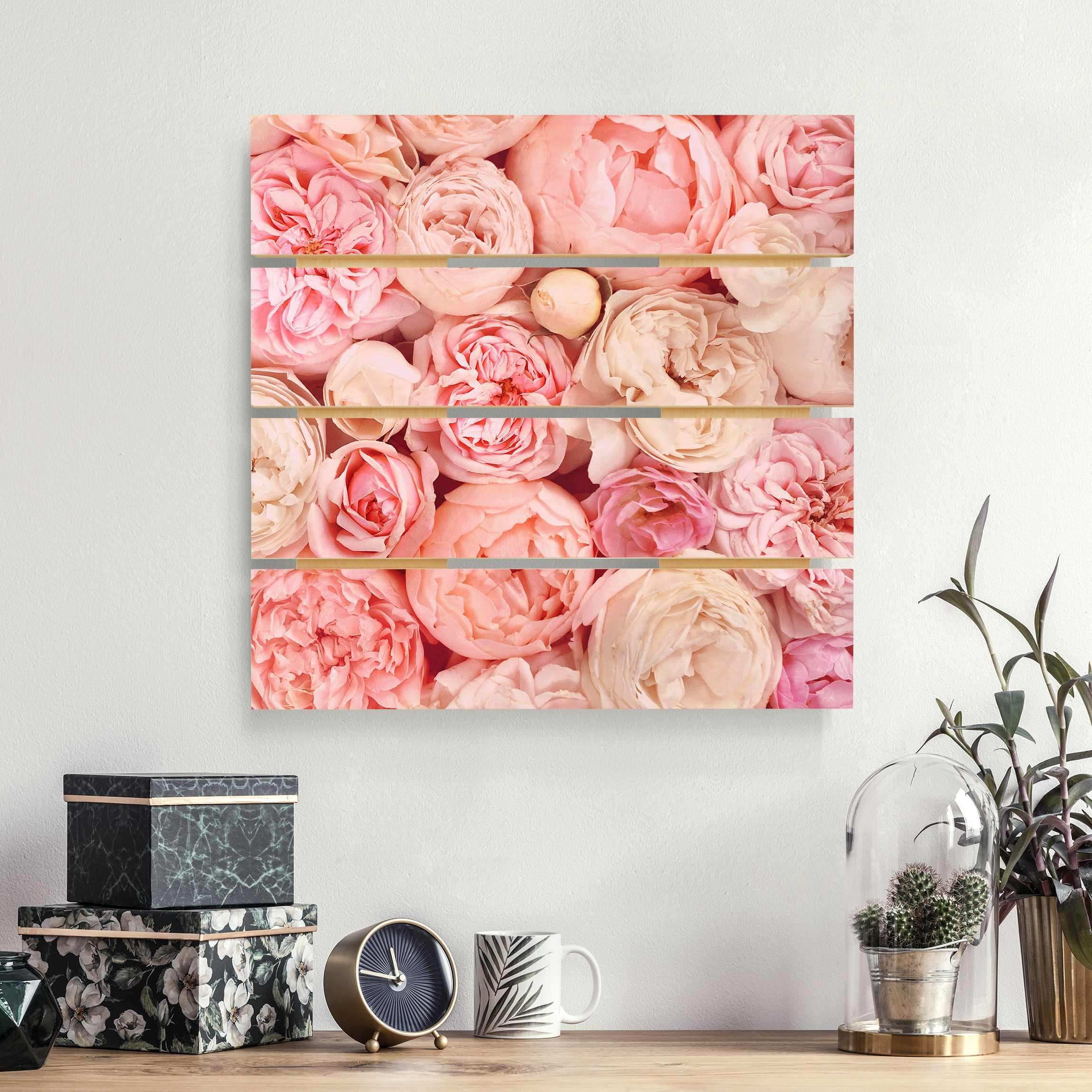 Holzbild Plankenoptik - Quadrat Rosen Rosé Koralle Shabby