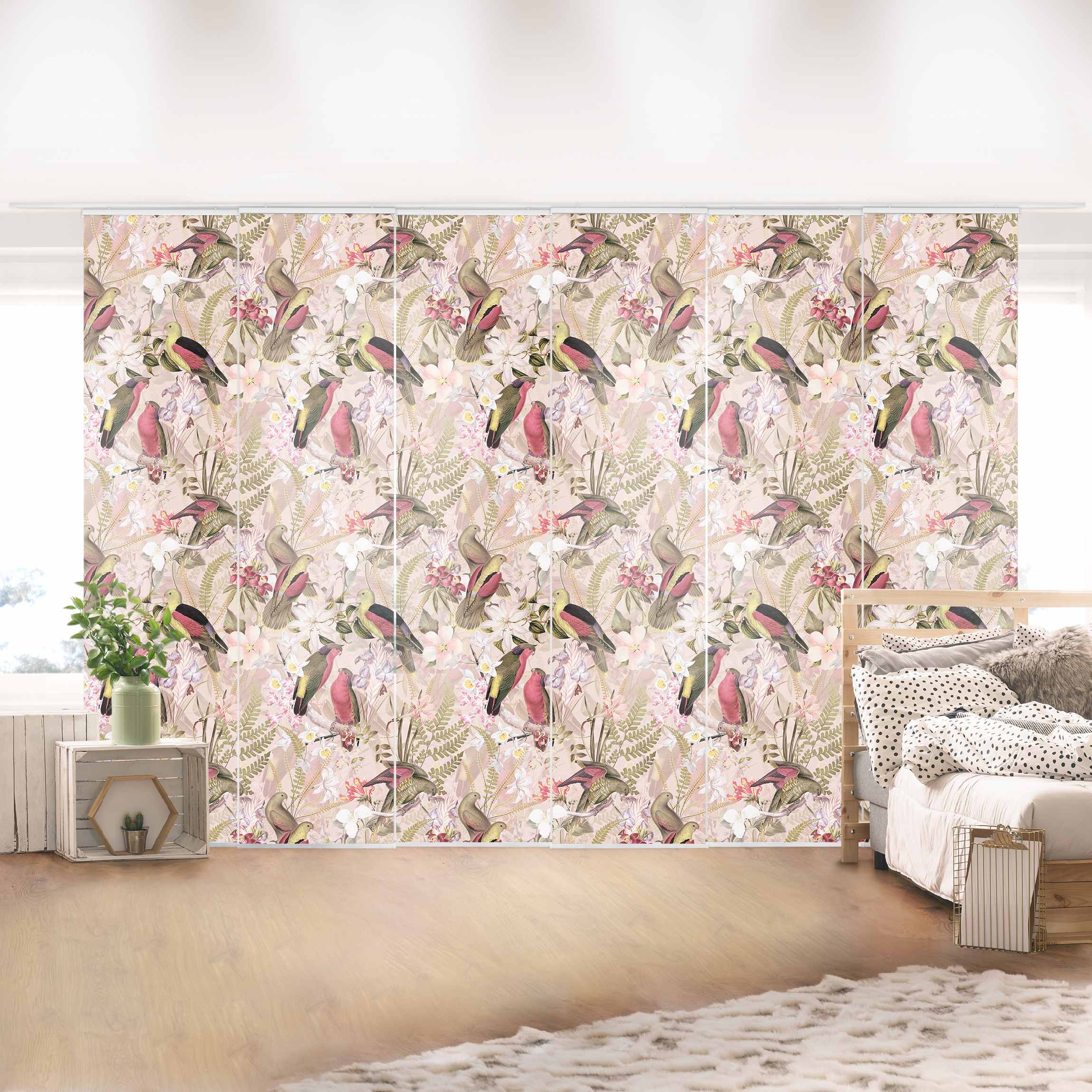 Schiebegardine Rosa Pastell Vögel mit Blumen