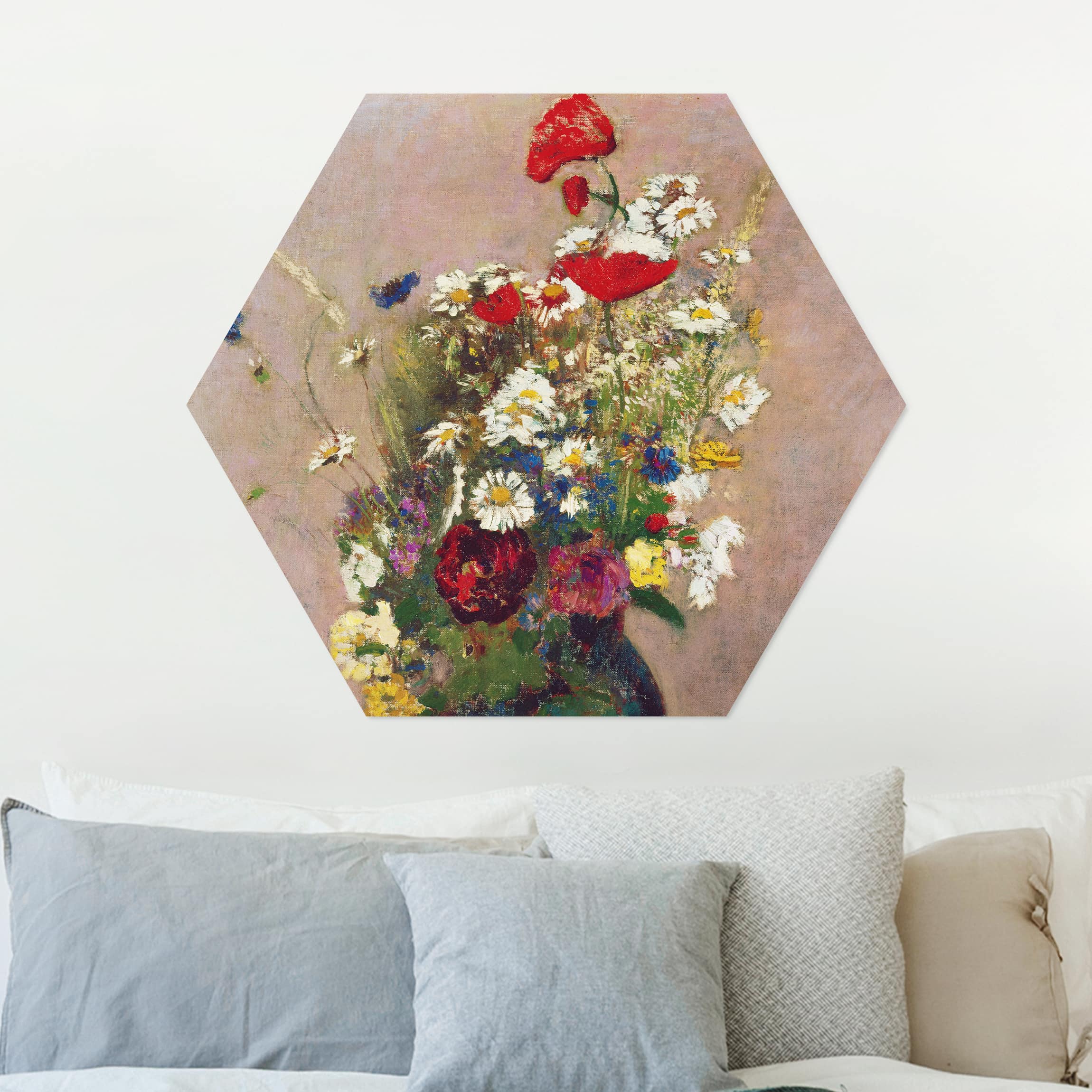 Hexagon-Alu-Dibond Bild Odilon Redon - Blumenvase mit Mohn