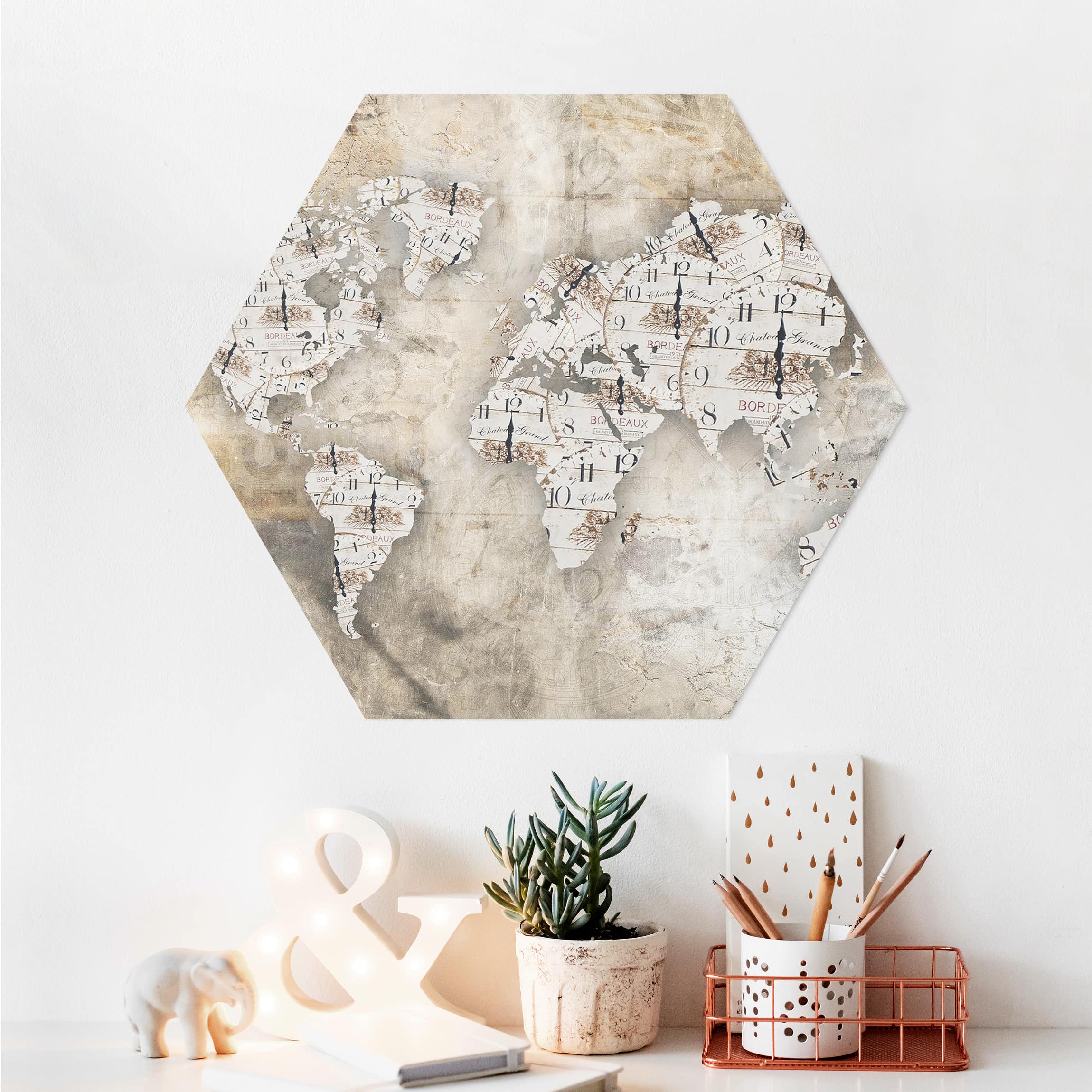 Hexagon-Alu-Dibond Bild Shabby Uhren Weltkarte