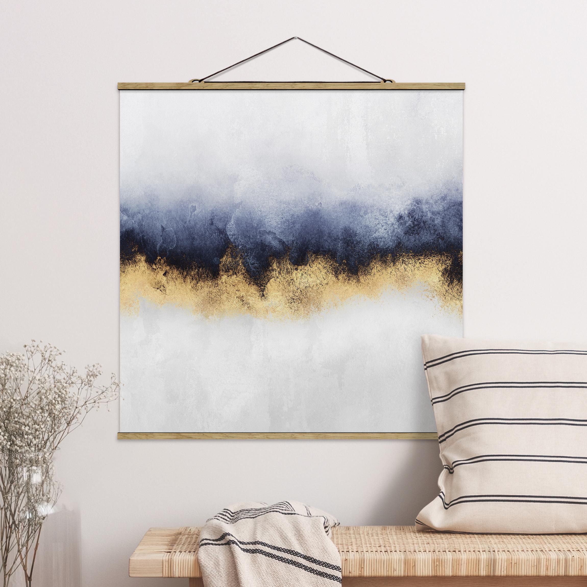 Stoffbild mit Posterleisten Wolkenhimmel mit Gold