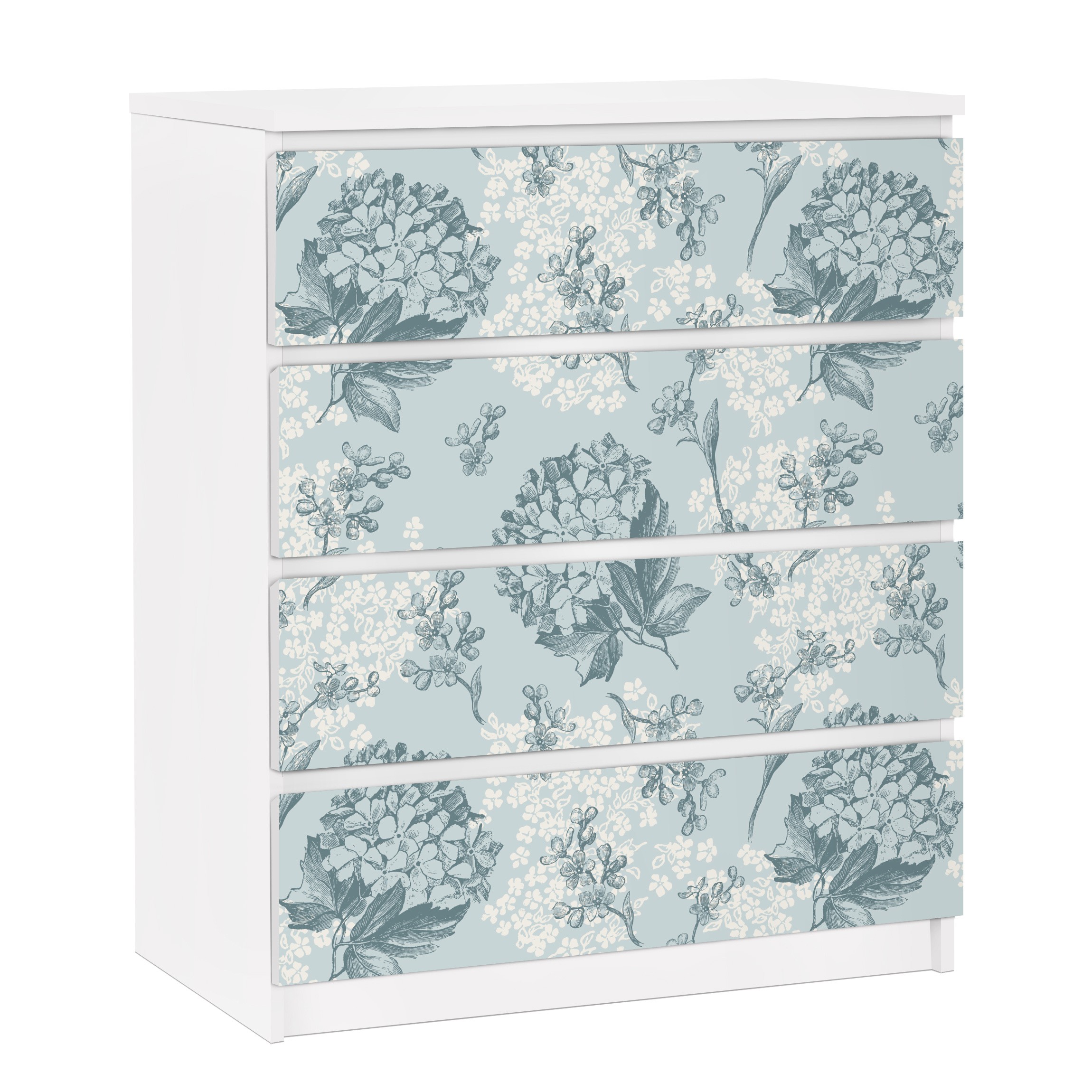Möbelfolie für IKEA Malm Kommode 4 Schubladen Hortensia pattern in blue