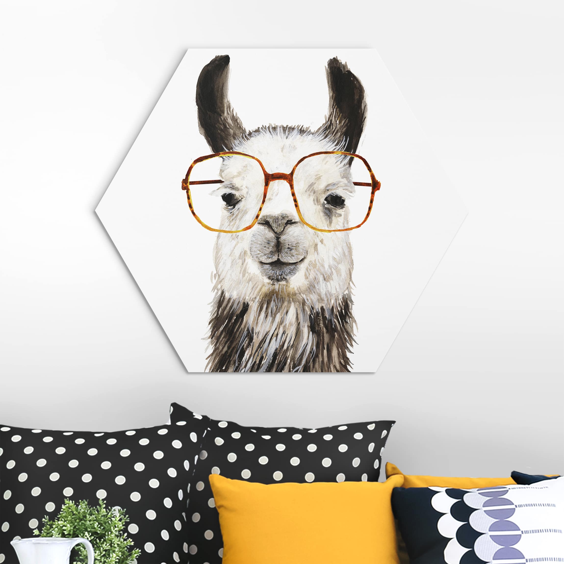 Hexagon-Alu-Dibond Bild Hippes Lama mit Brille IV