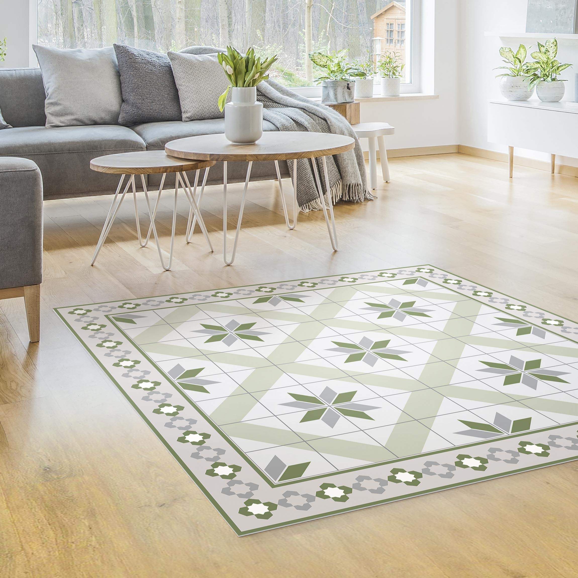 Vinylteppich Geometrische Fliesen Rautenblüte Olivgrün mit Bordüre