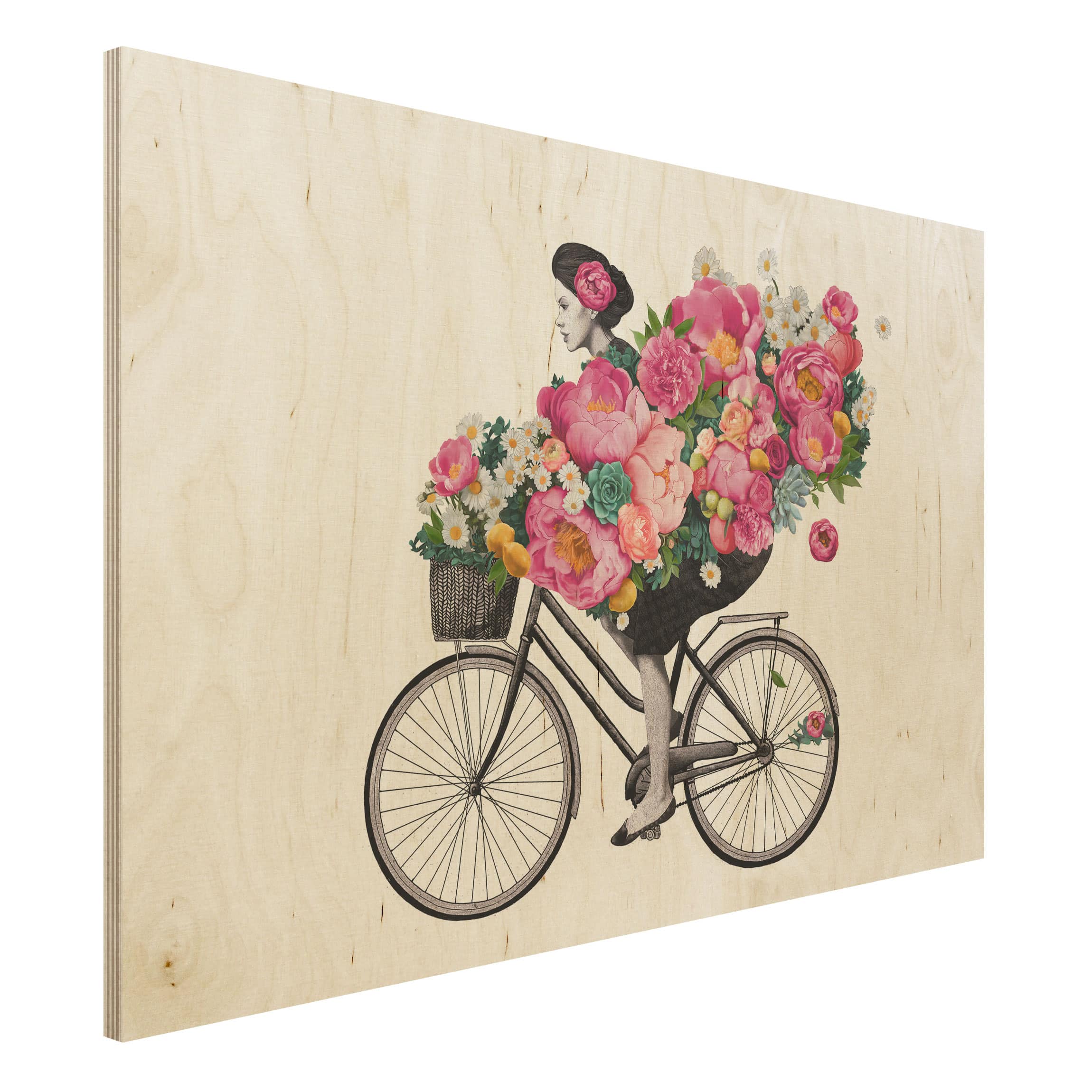 Holzbild - Querformat 3:2 Illustration Frau auf Fahrrad Collage bunte Blumen