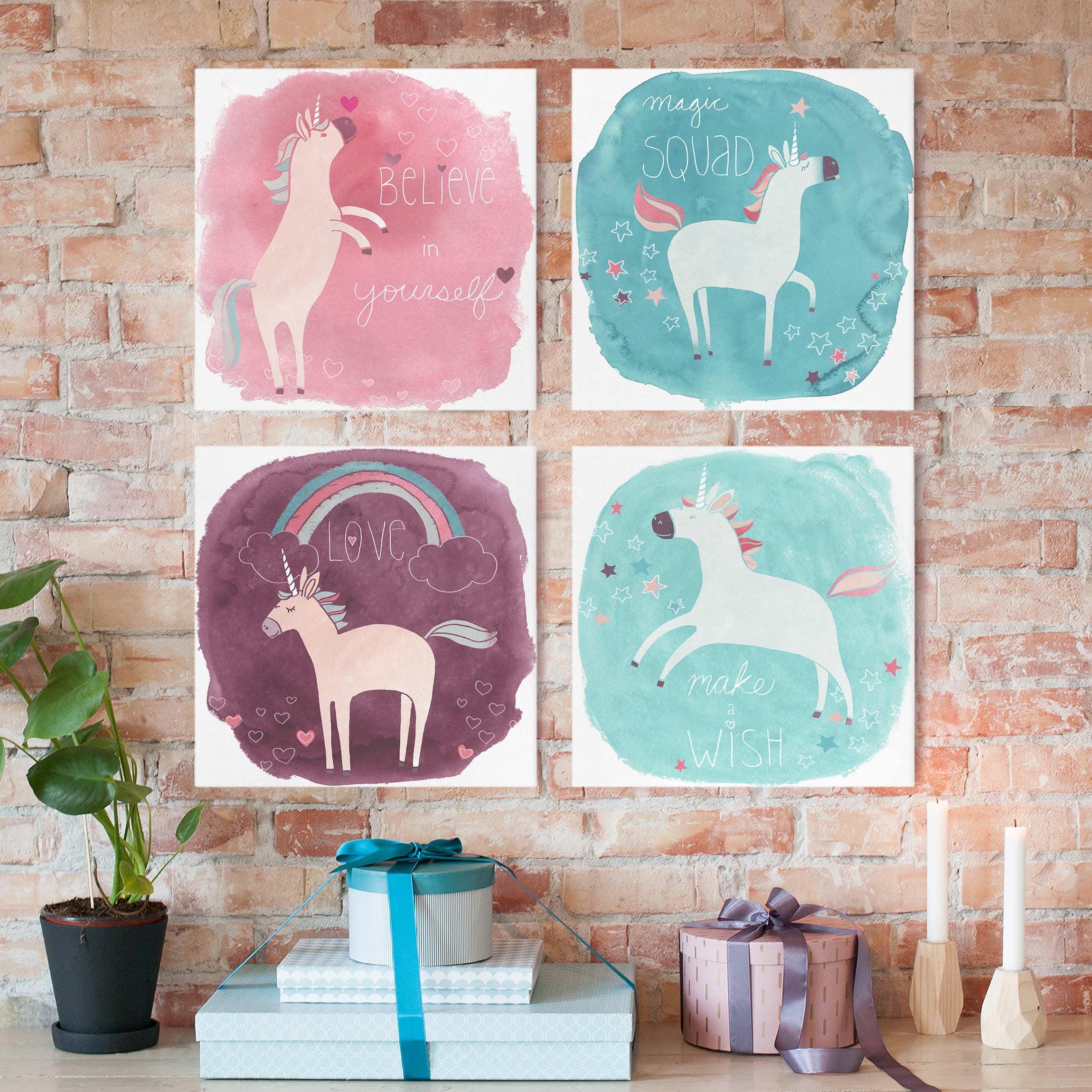 4-teiliges Leinwandbild Tiere Einhorn-Truppe Set I