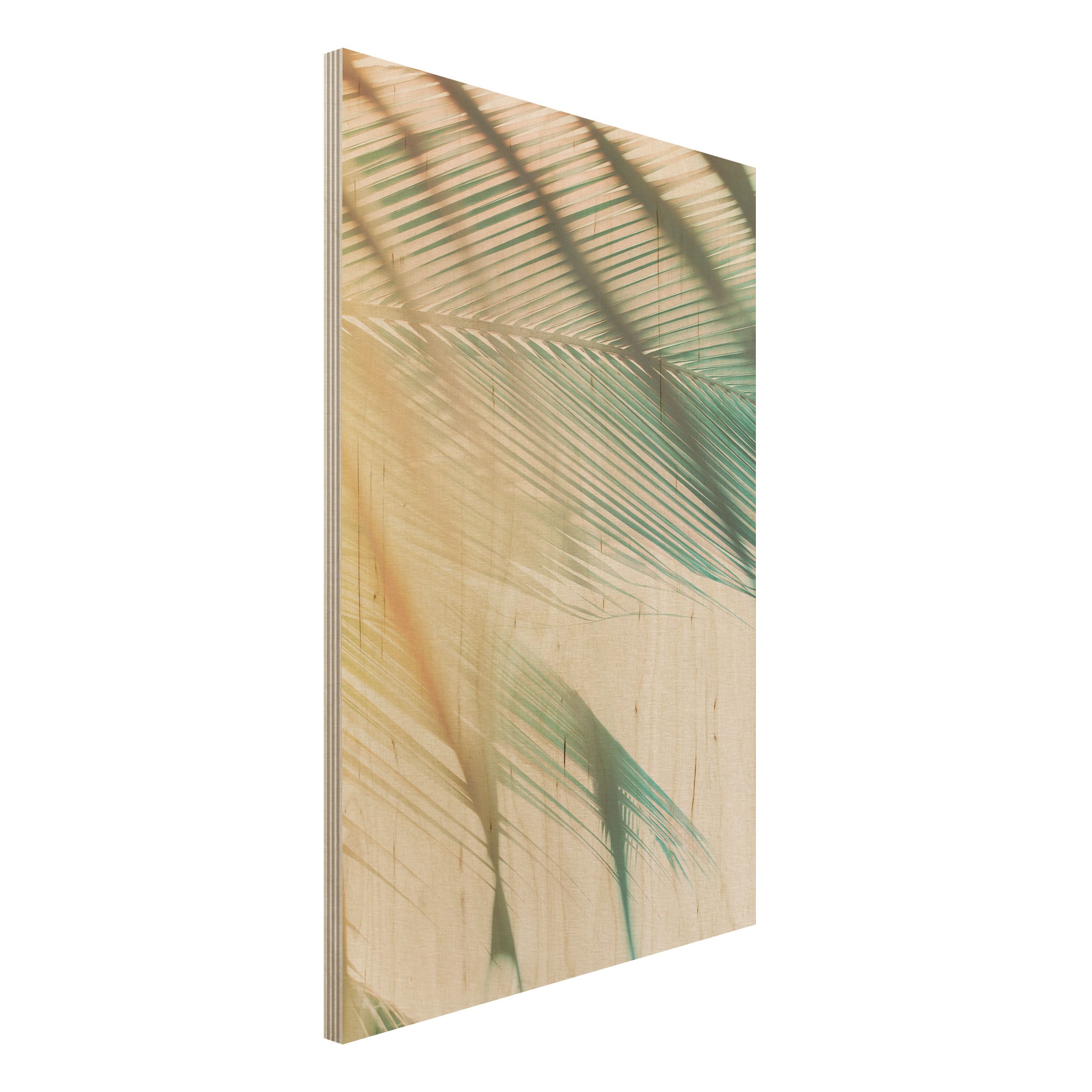 Holzbild - Hochformat 2:3 Tropische Pflanzen Palmen bei Sonnenuntergang II