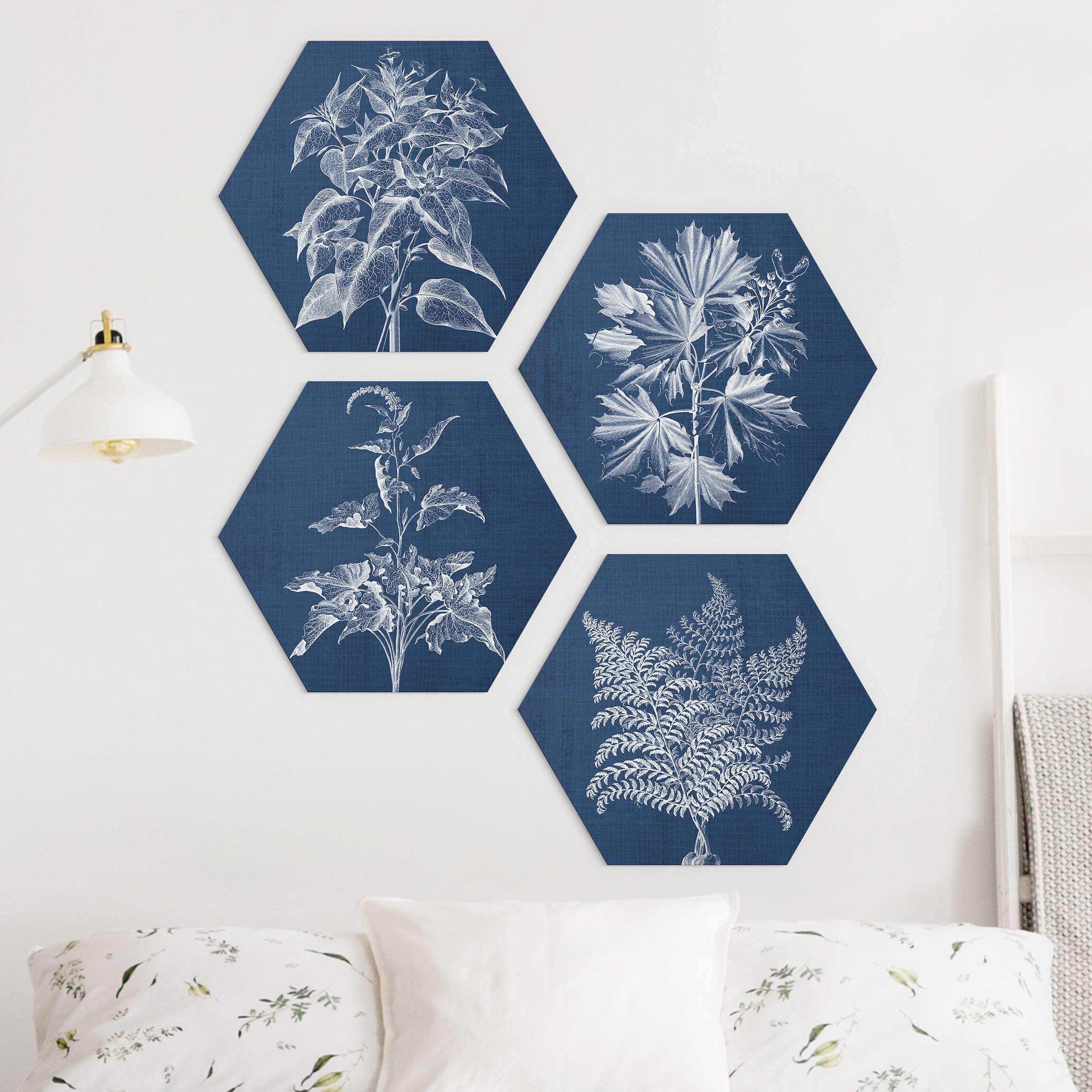 4-teiliges Hexagon-Alu-Dibond Bild Denim Pflanzenstudie Set II