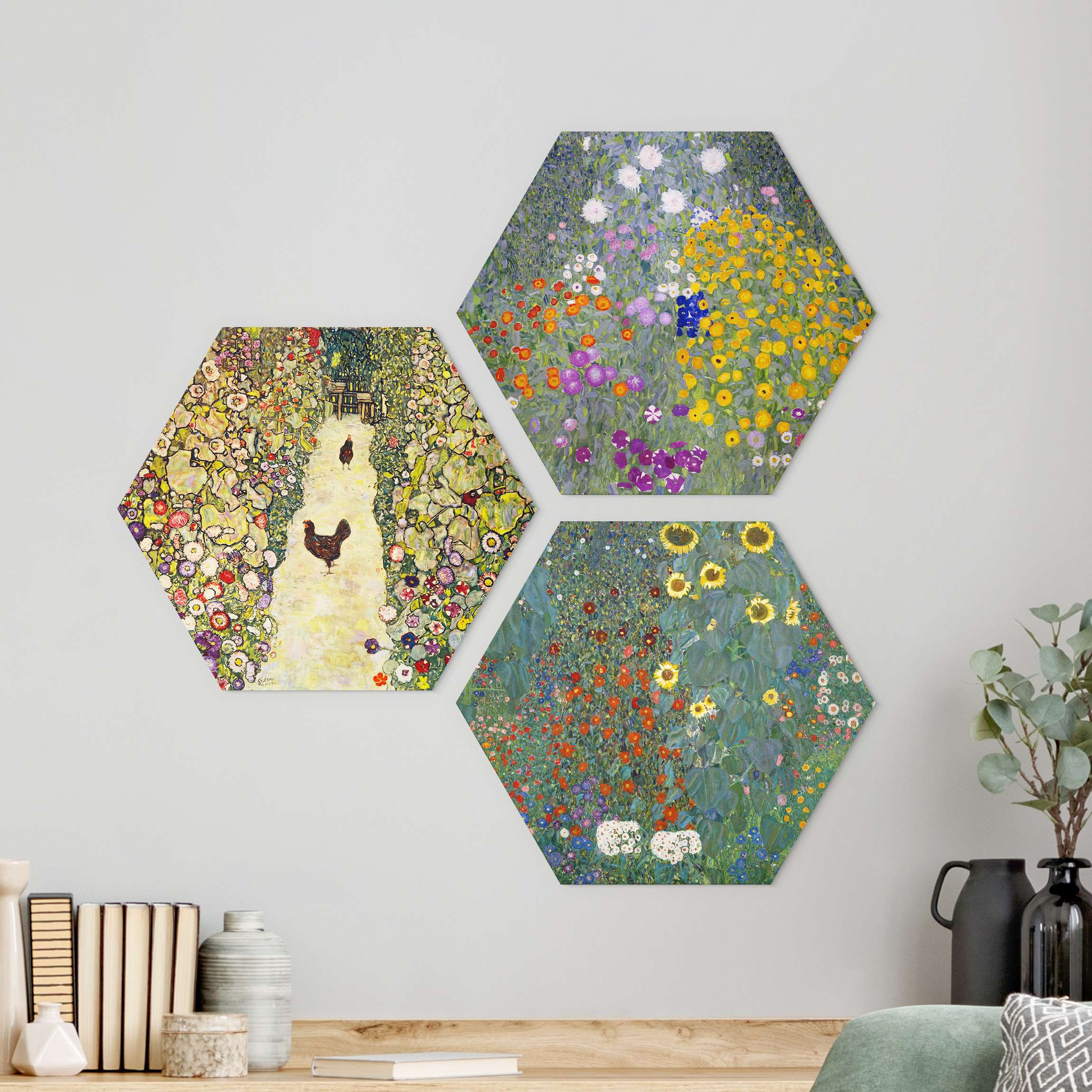 3-teiliges Hexagon-Alu-Dibond Bild Gustav Klimt - Im Garten