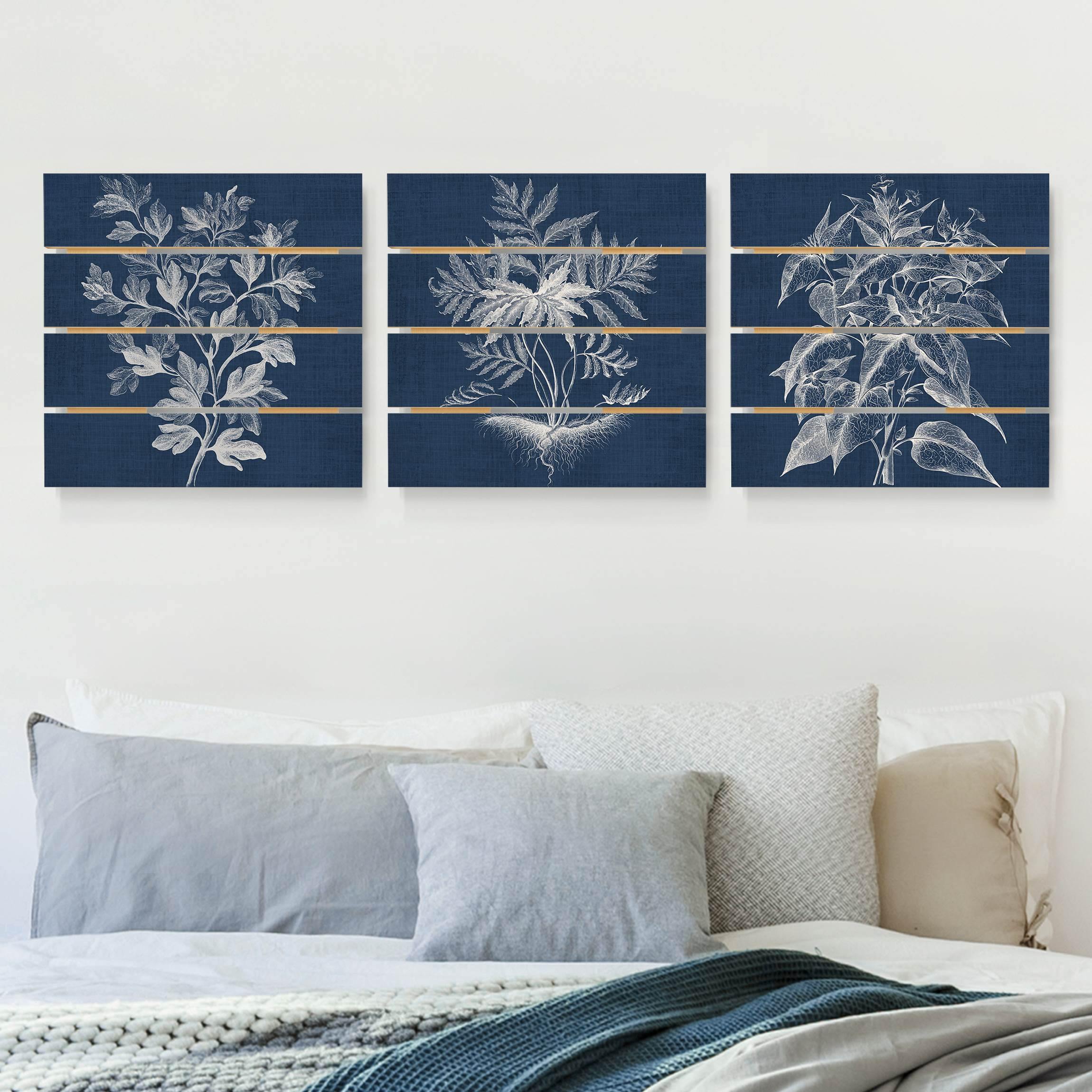 3-teiliges Holzbild Plankenoptik - Quadrat Denim Pflanzenstudie Set I