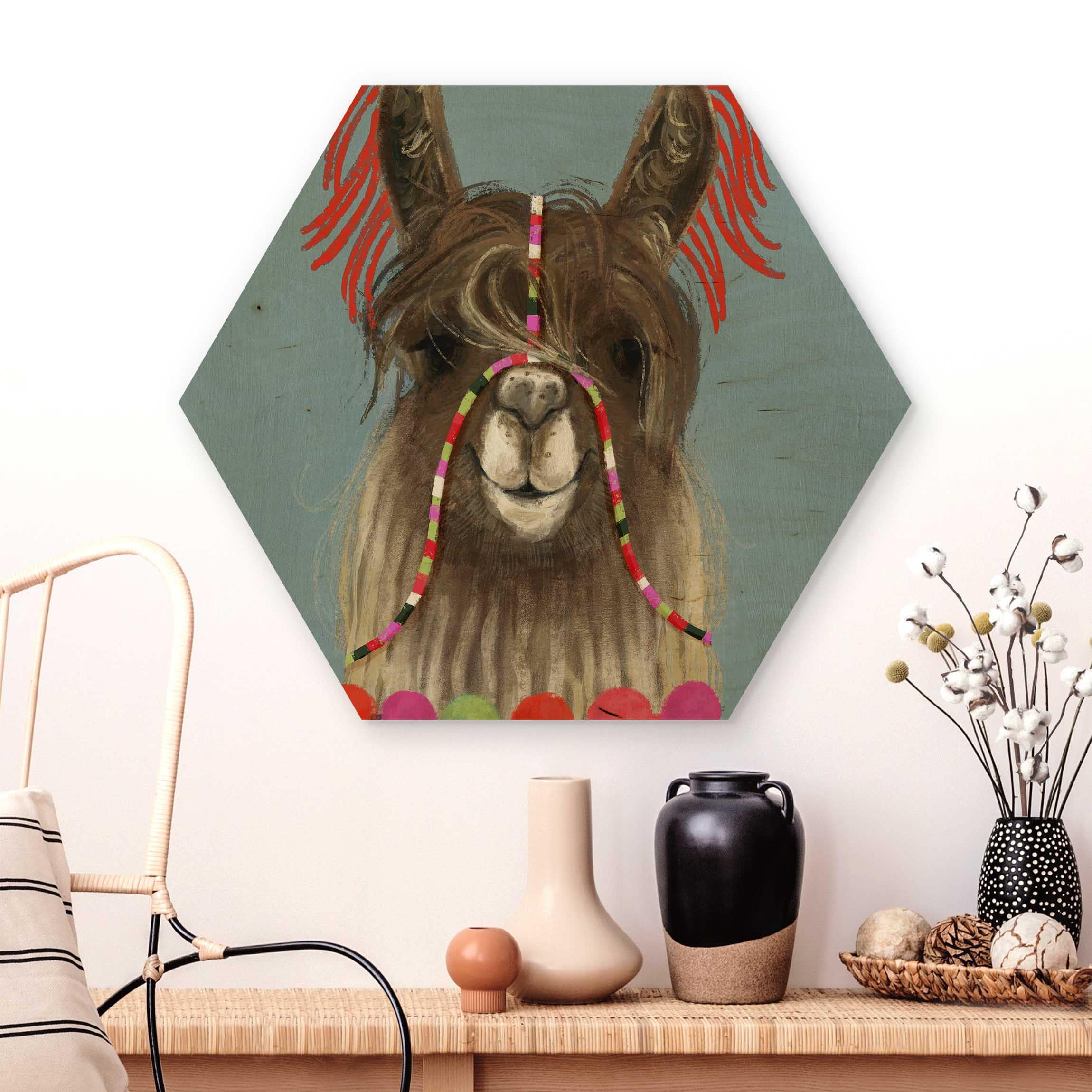 Hexagon-Holzbild Lama mit Schmuck I