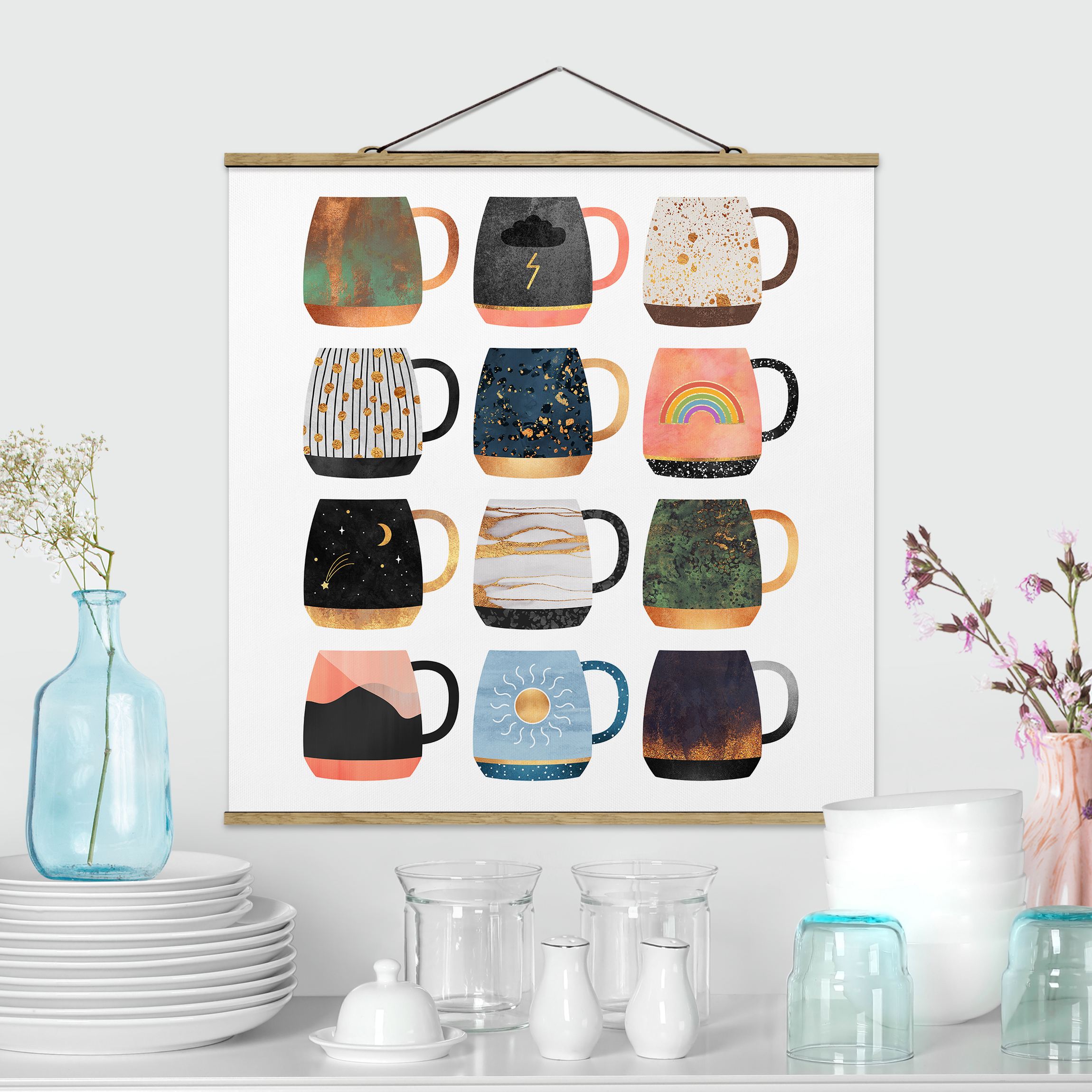 Stoffbild mit Posterleisten Lieblingstassen mit Gold