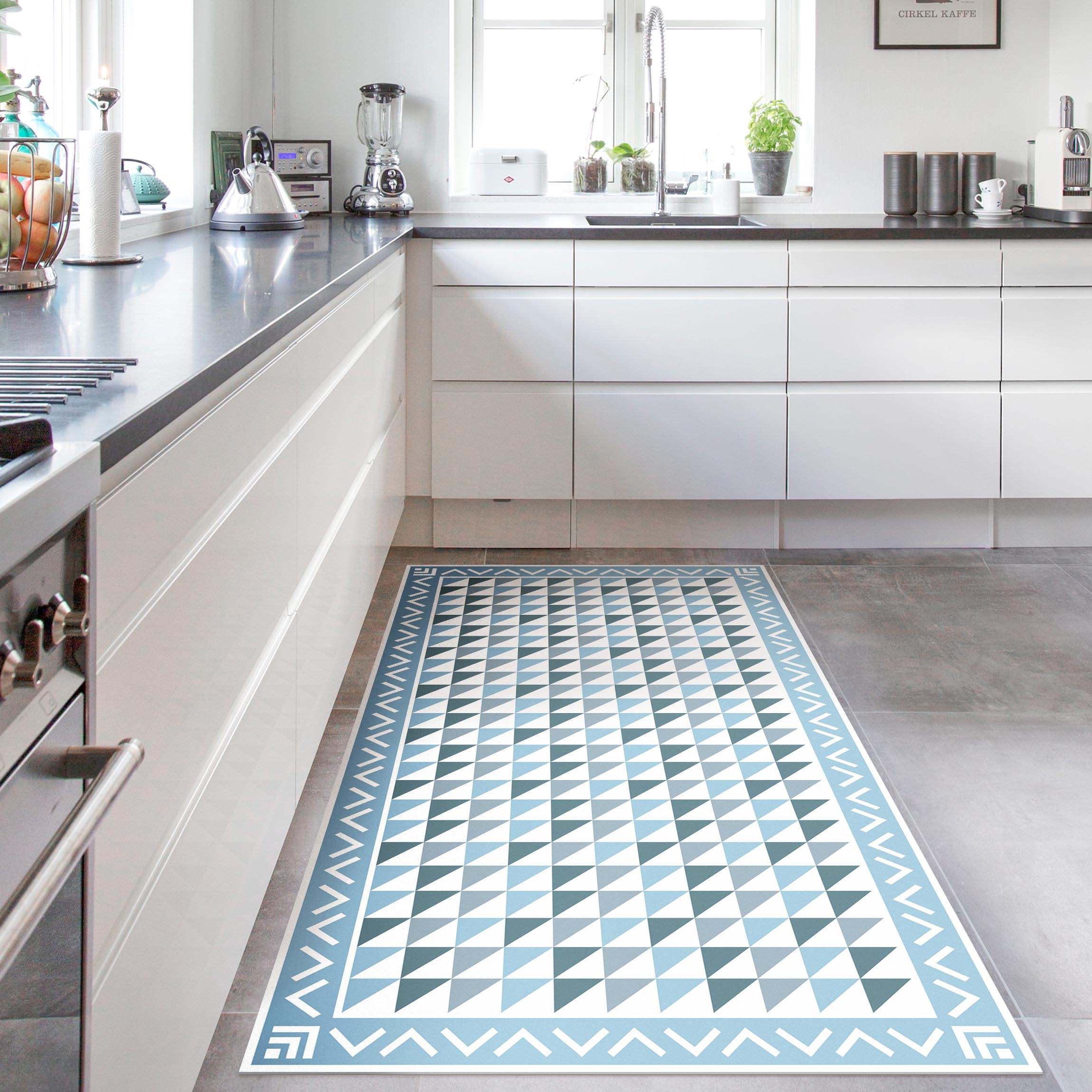 Vinylteppich Geometrische Fliesen kleine Dreiecke Taubenblau mit Bordüre