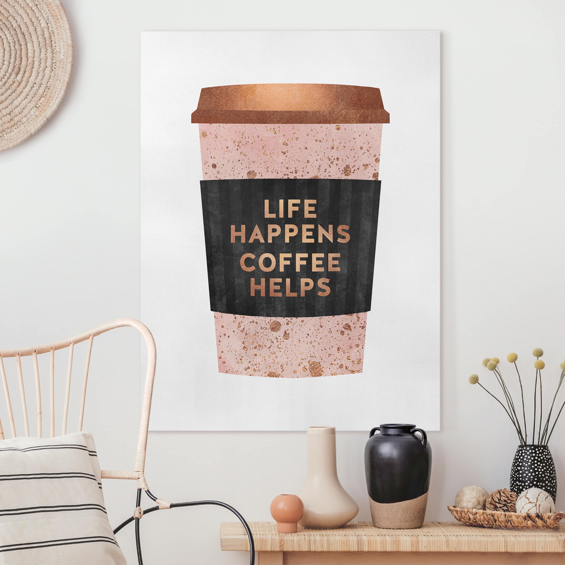 Leinwandbild - Hochformat Life Happens Coffee Helps Gold