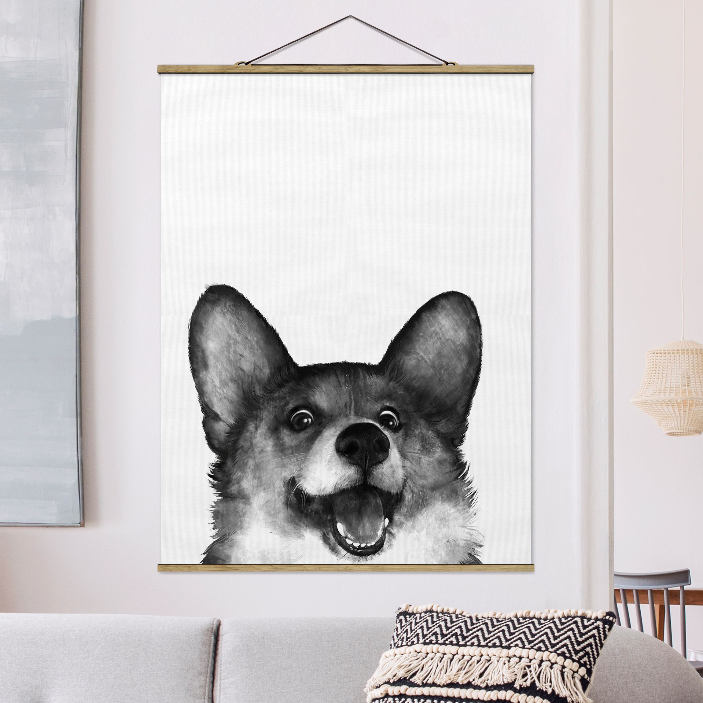 Stoffbild - Hochformat Illustration Hund Corgi Weiß Schwarz Malerei
